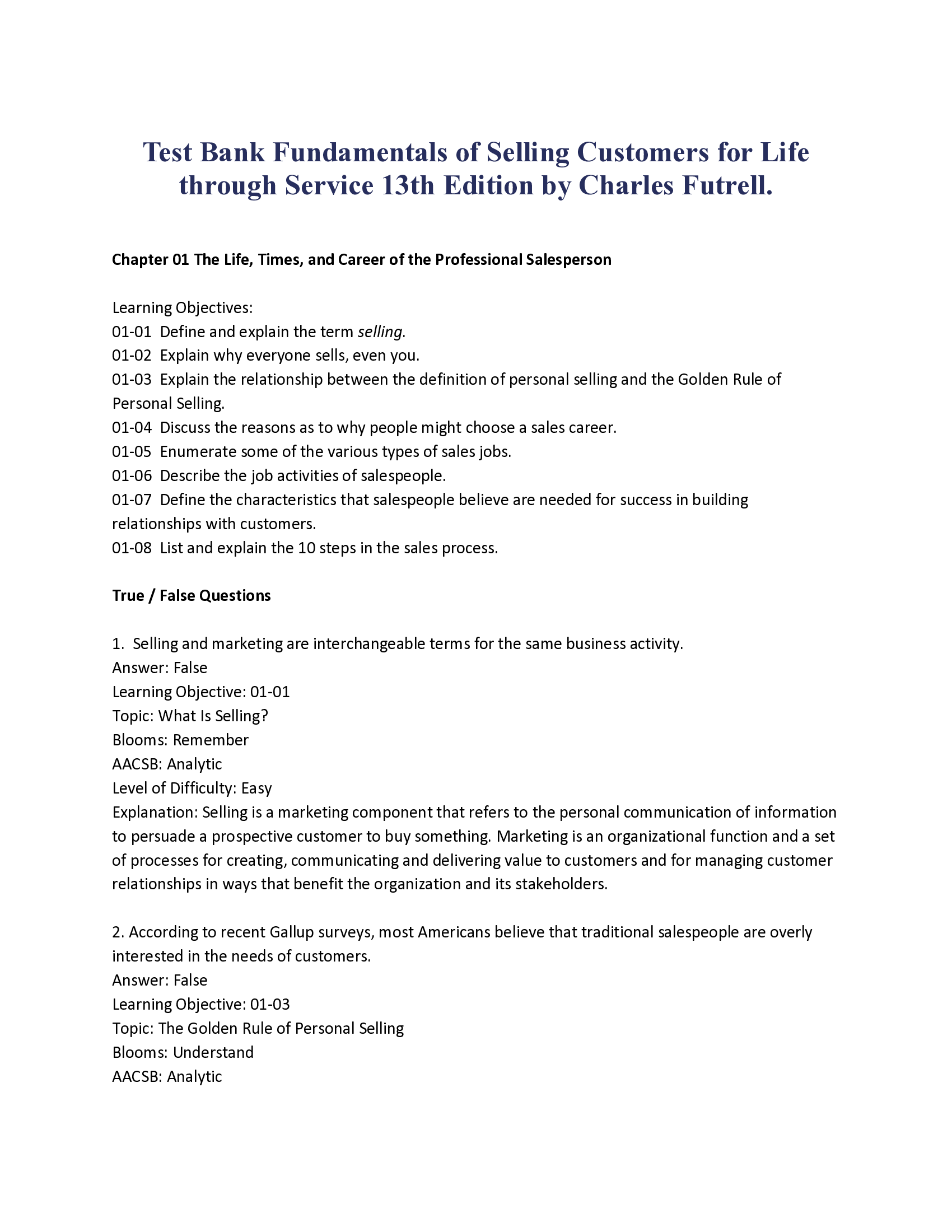 Test Bank Fundamentals of Selling Customers for Life through Service 13th Edition by Charles Futrell