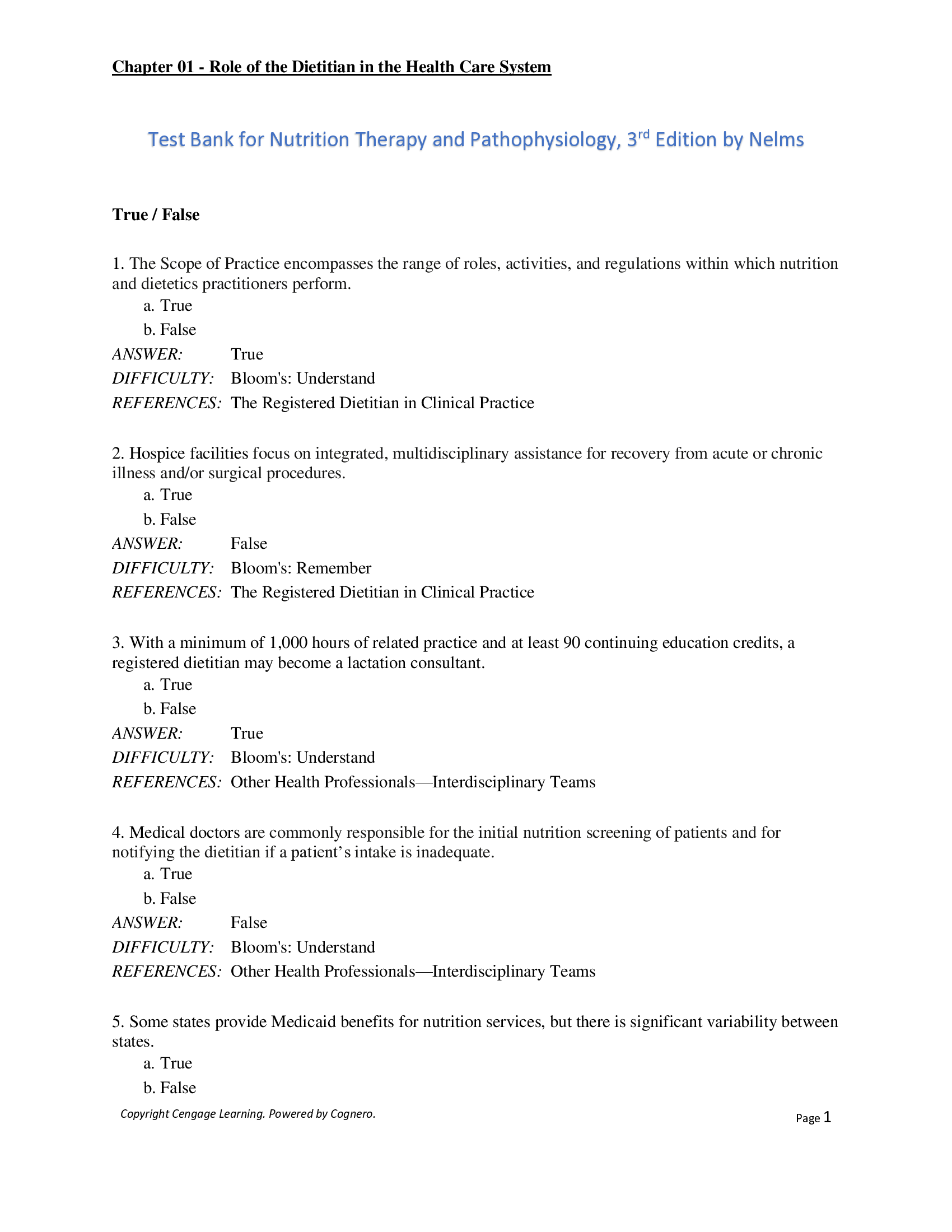 Test Bank for Nutrition Therapy and Pathophysiology, 3rd Edition by Nelms