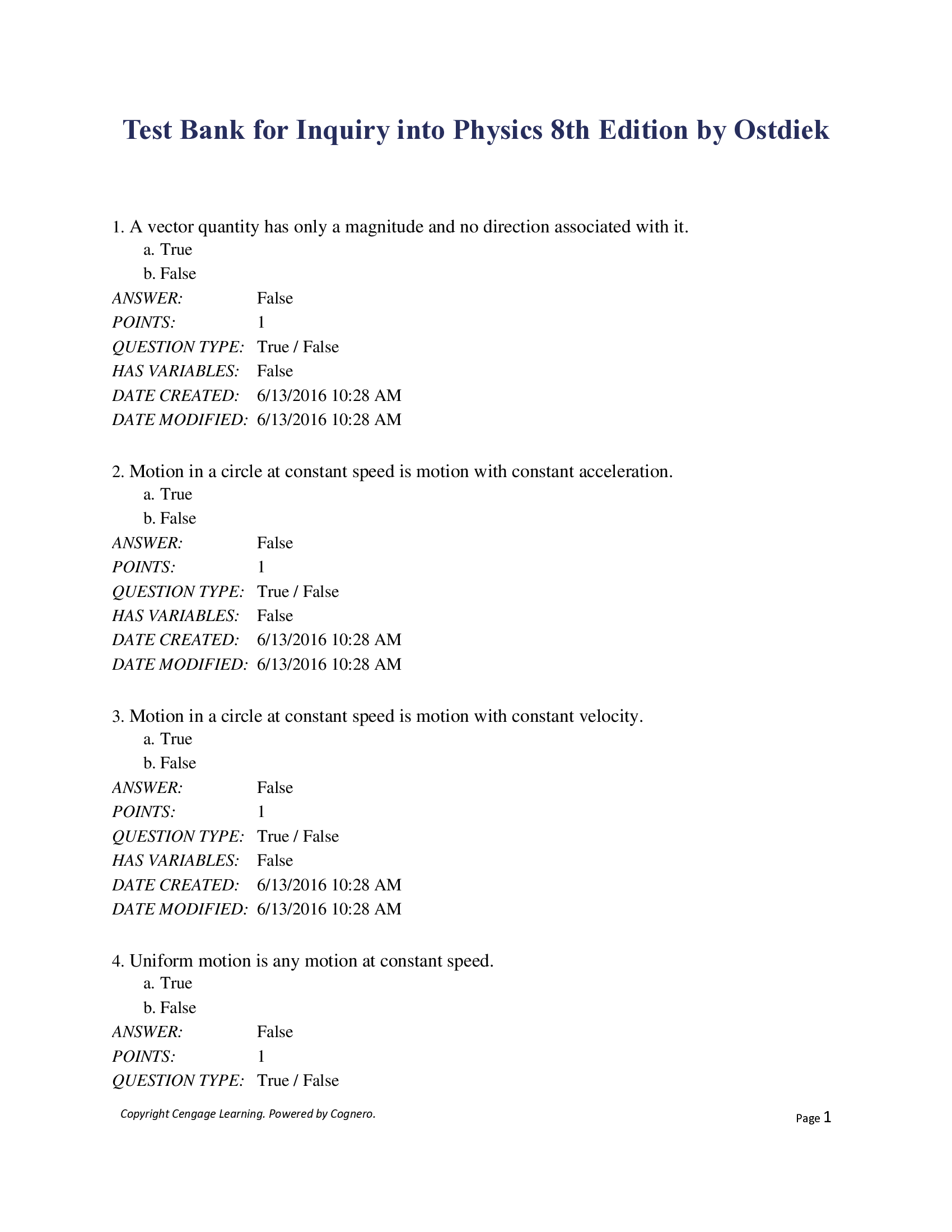 Test Bank for Inquiry into Physics 8th Edition by Ostdiek