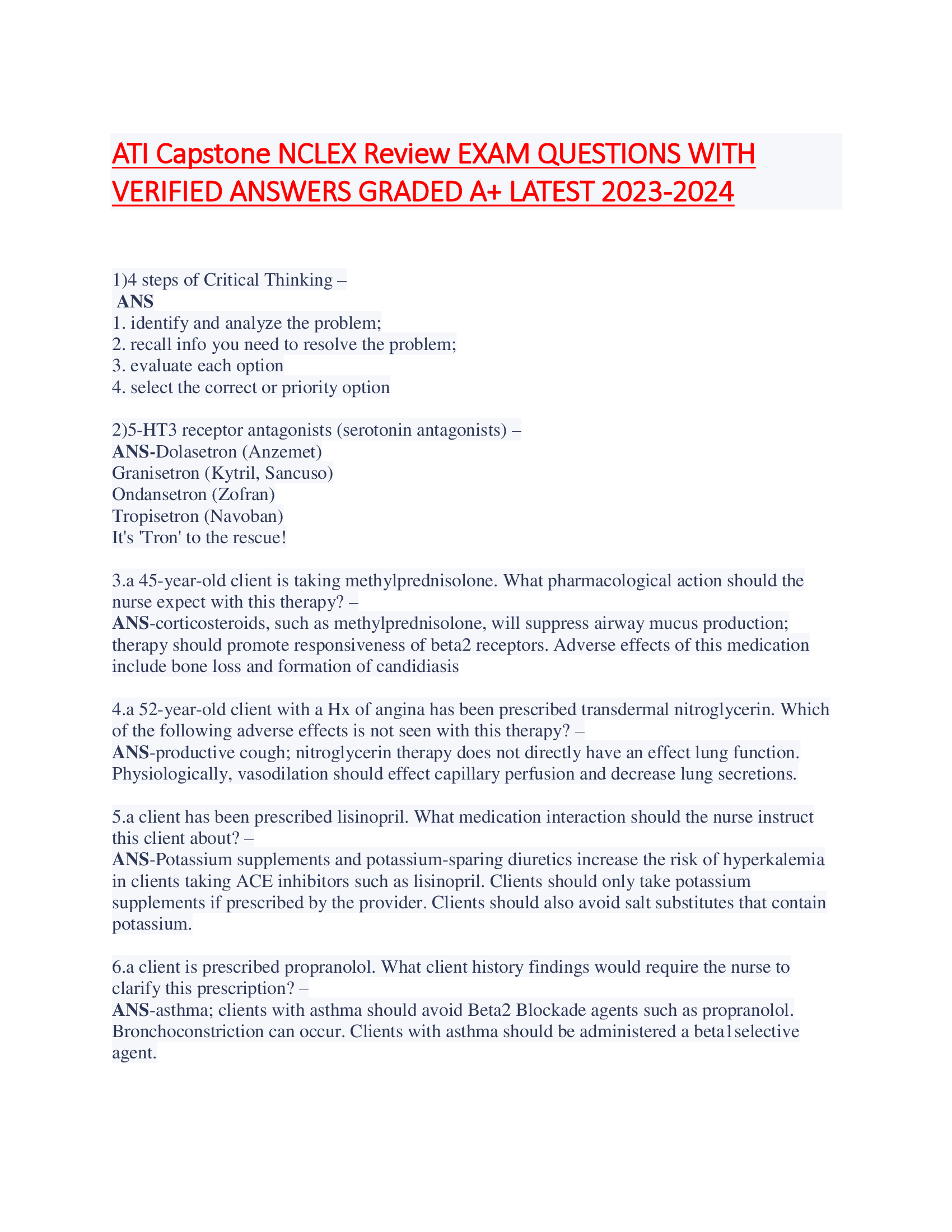 ATI Capstone NCLEX Review EXAM QUESTIONS WITH  VERIFIED ANSWERS GRADED A+ LATEST 2023-2024  1)4 steps of Critical Thinkin4