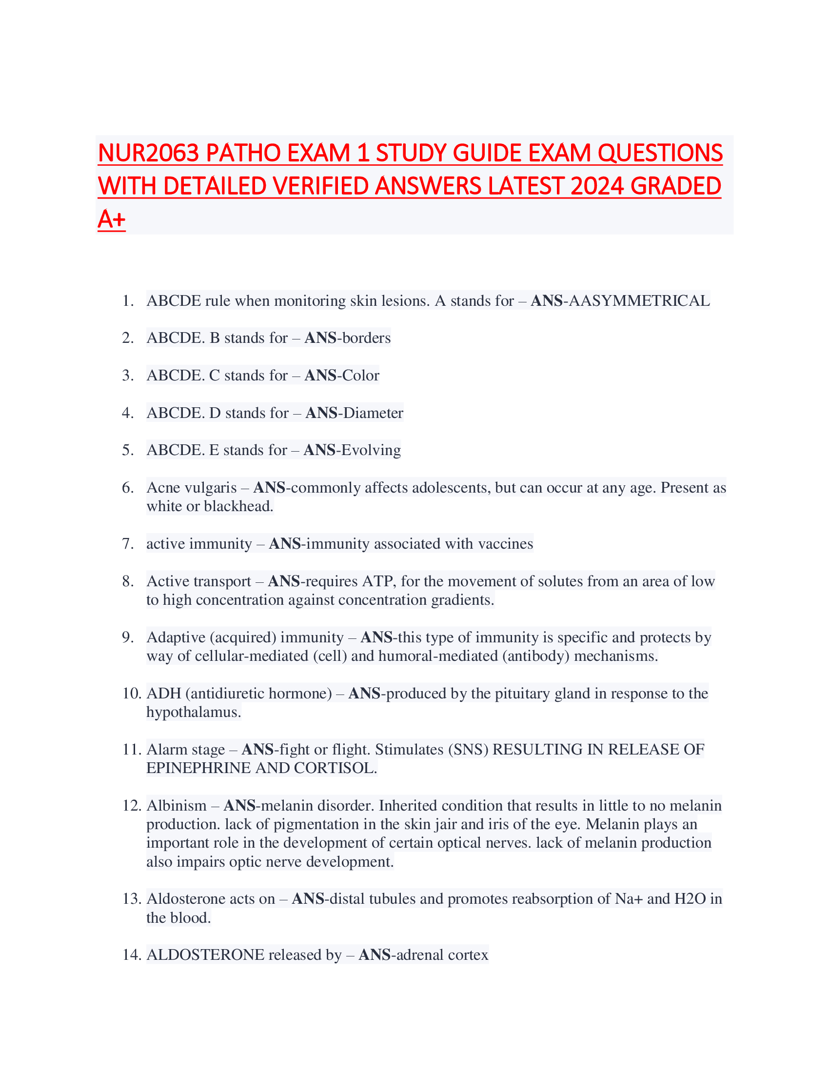 NUR2063 PATHO EXAM 1 STUDY GUIDE EXAM QUESTIONS  WITH DETAILED VERIFIED ANSWERS LATEST 2024 GRADED  A+