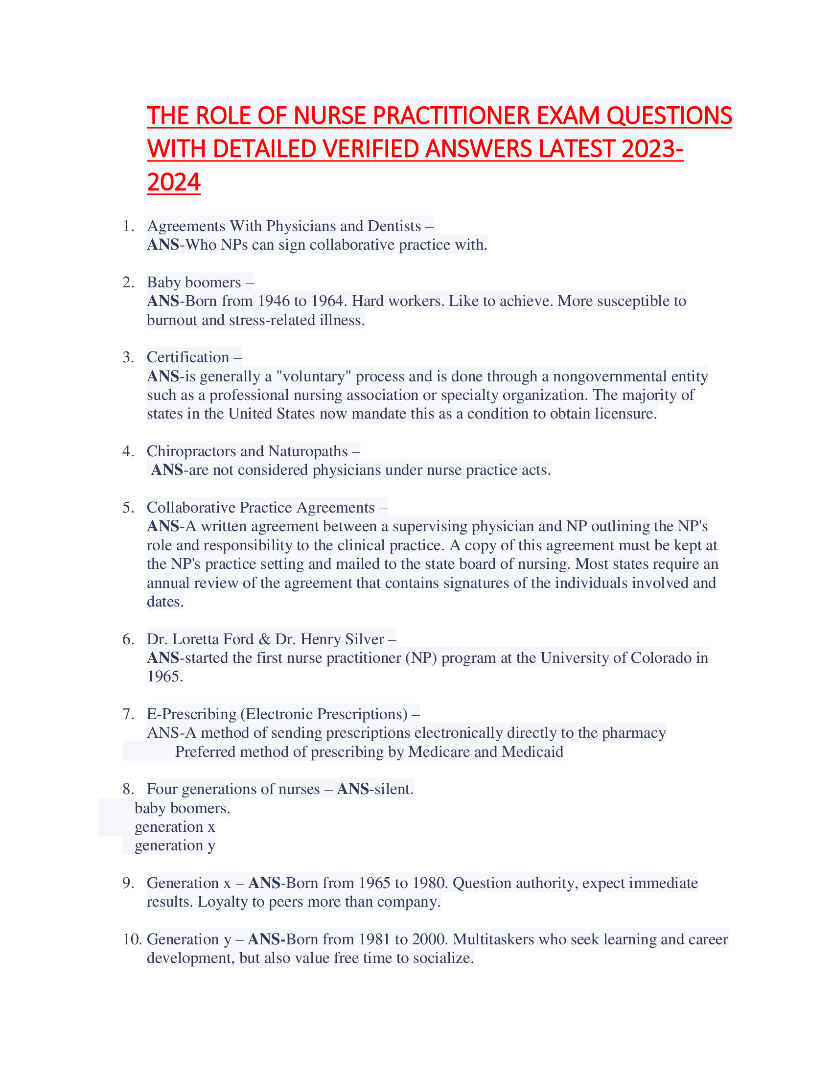 THE ROLE OF NURSE PRACTITIONER EXAM QUESTIONS  WITH DETAILED VERIFIED ANSWERS LATEST 2023- 2024