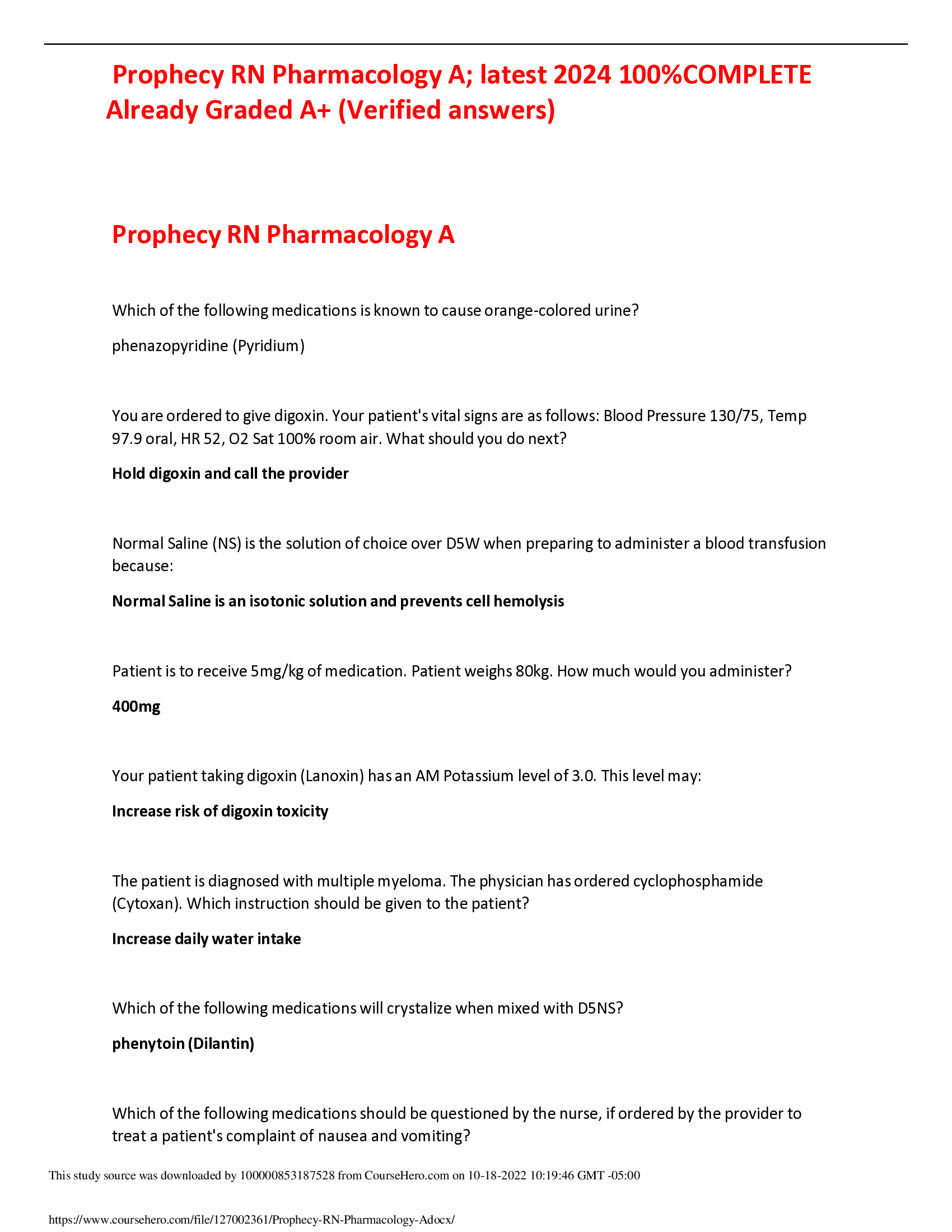 Prophecy RN Pharmacology A; latest 2024 100 Percent COMPLETE  Already Graded A+ (Verified answers