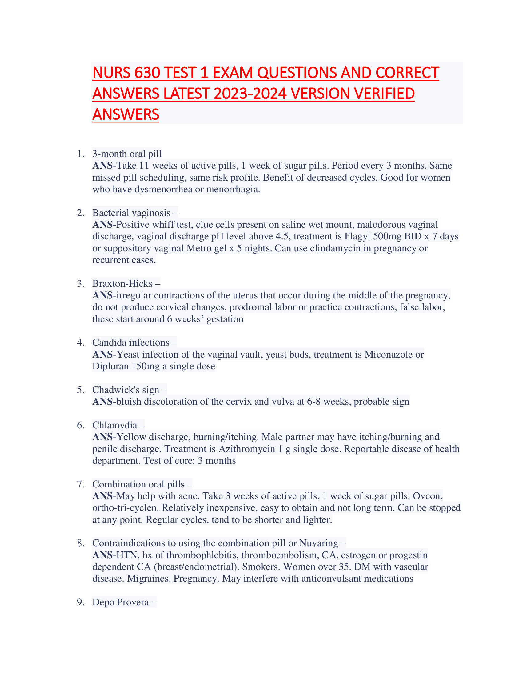 NURS 630 TEST 1 EXAM QUESTIONS AND CORRECT  ANSWERS LATEST 2023-2024 VERSION VERIFIED  ANSWERS
