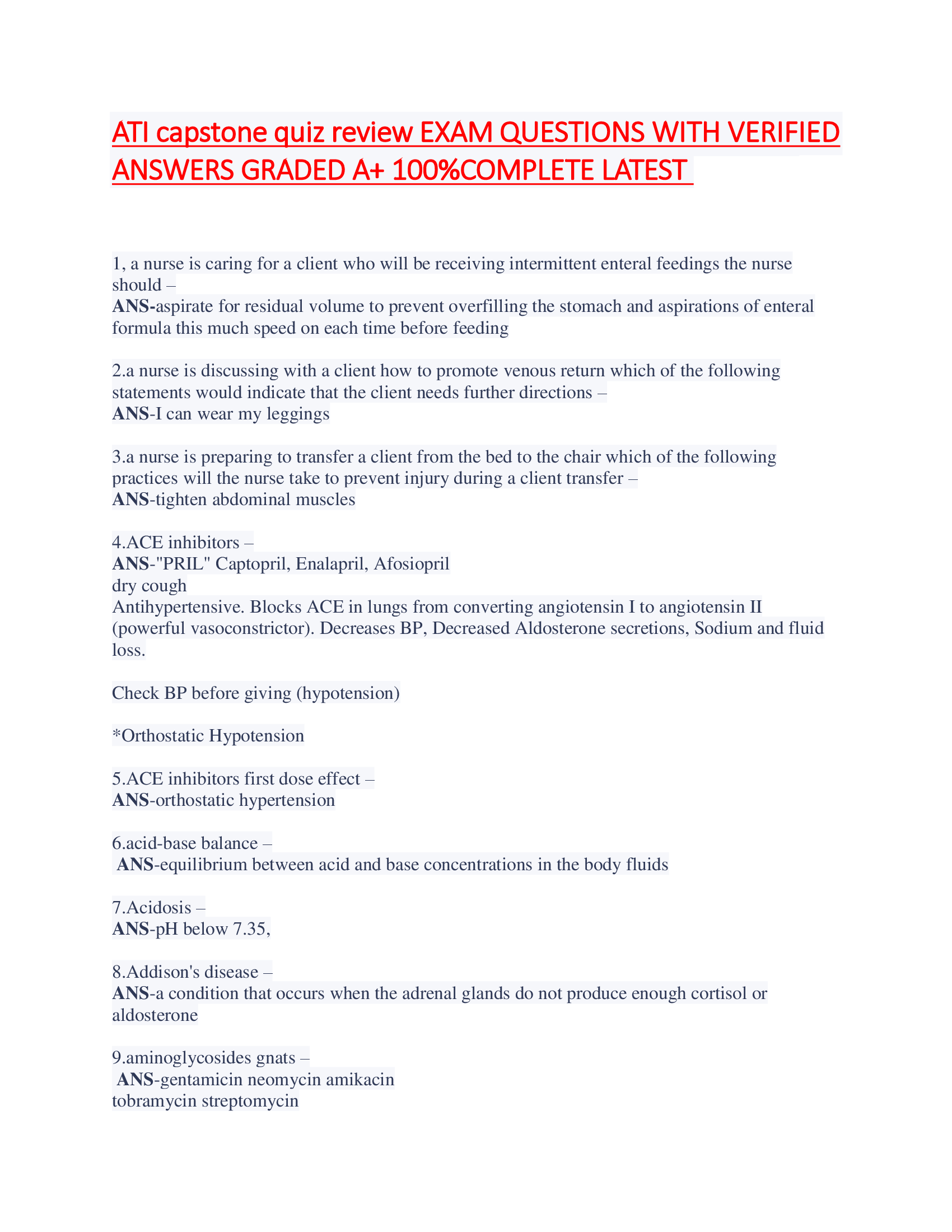 ATI Capstone Quiz Review Exam Questions with Verified Answers Graded A+ 100% Complete Latest 2024-2026