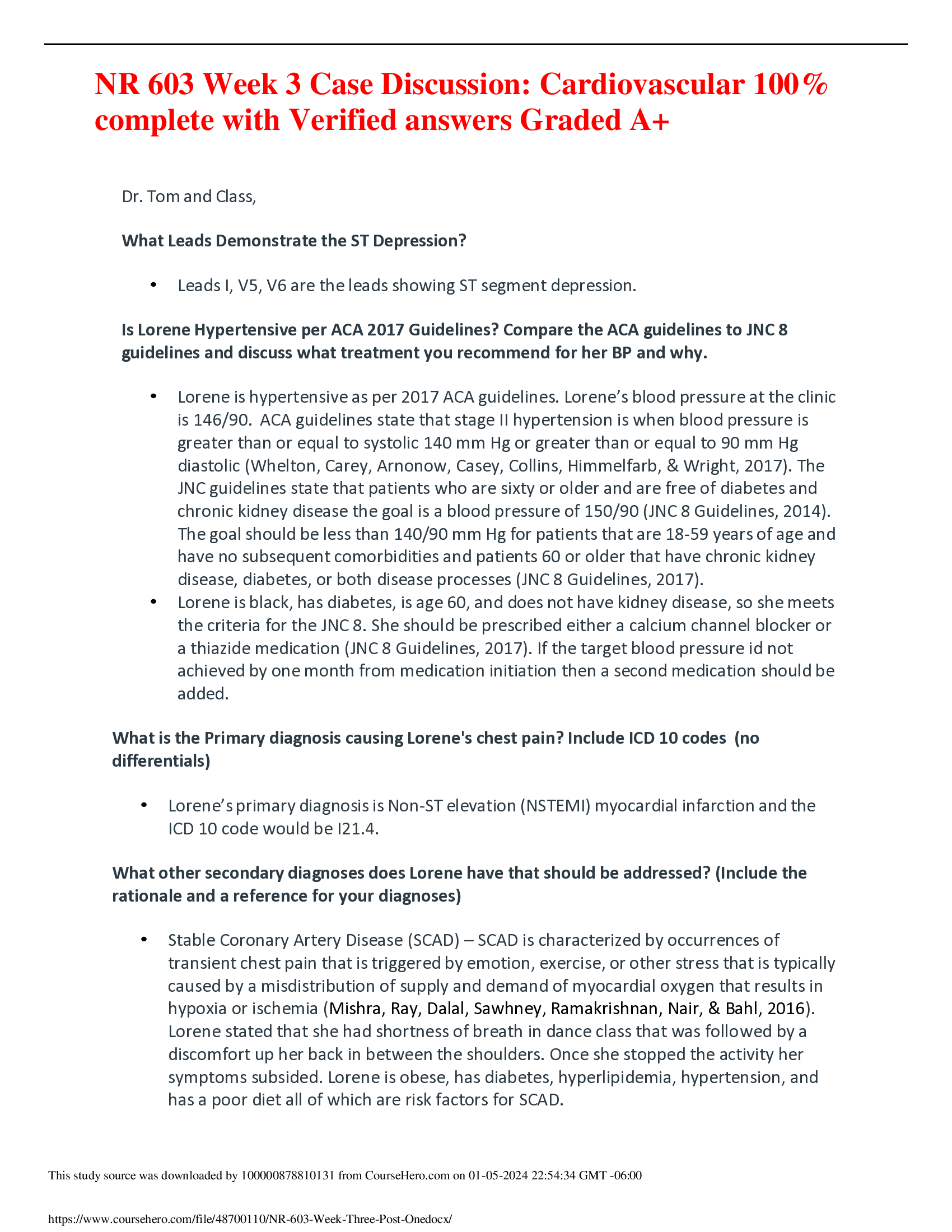 NR 603 Week 3 Case Discussion: Cardiovascular 100 Percent  complete with Verified answers Graded A+