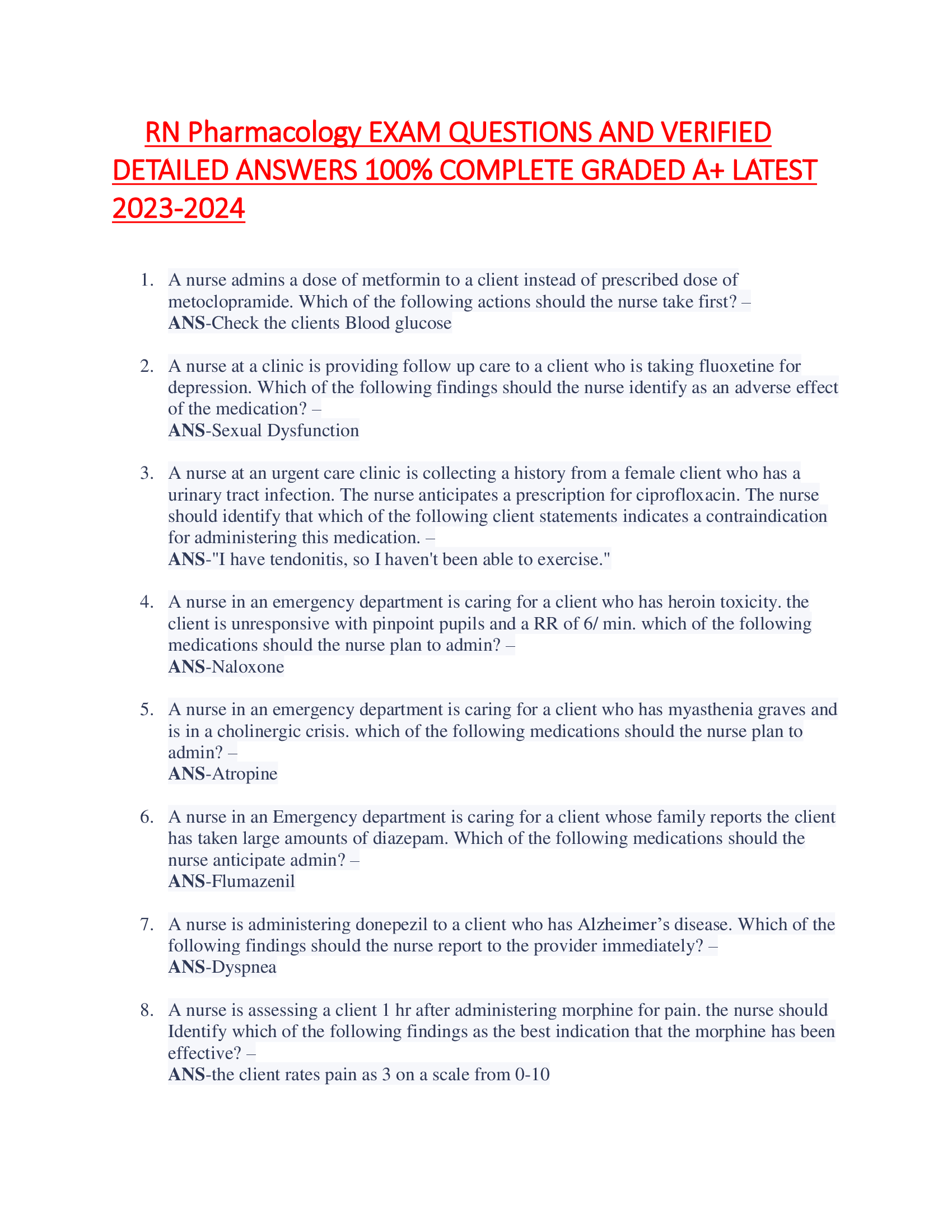 RN Pharmacology EXAM QUESTIONS AND VERIFIED  DETAILED ANSWERS 100% COMPLETE GRADED A+ LATEST  2023-2024