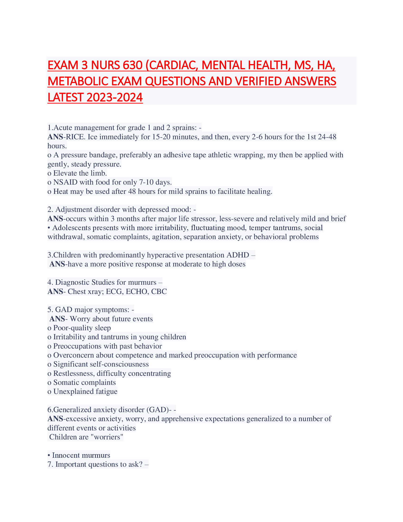 EXAM 3 NURS 630 (CARDIAC, MENTAL HEALTH, MS, HA,  METABOLIC EXAM QUESTIONS AND VERIFIED ANSWERS  LATEST 2023-2024