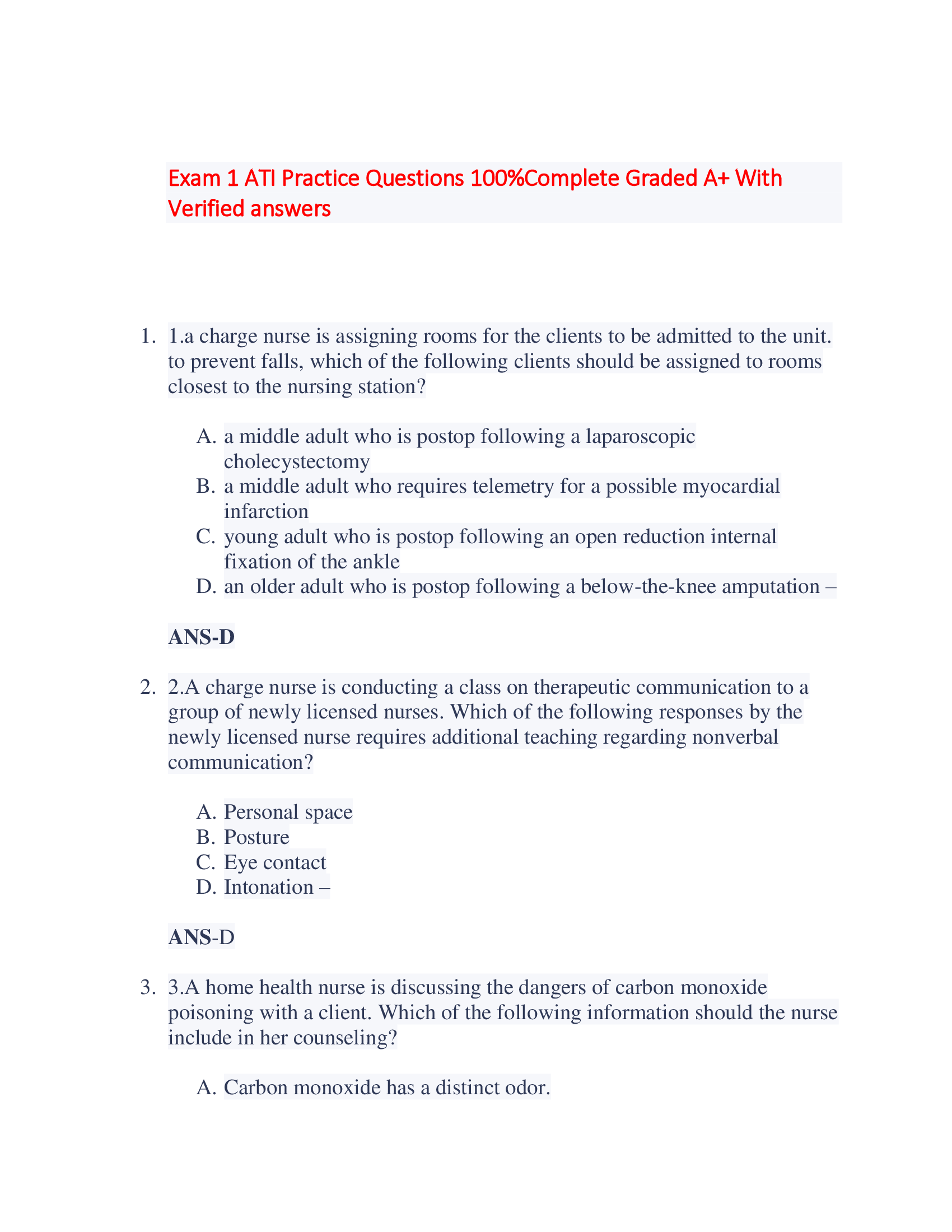 Exam 1 ATI Practice Questions 100 Percent Complete Graded A+ With  Verified answers
