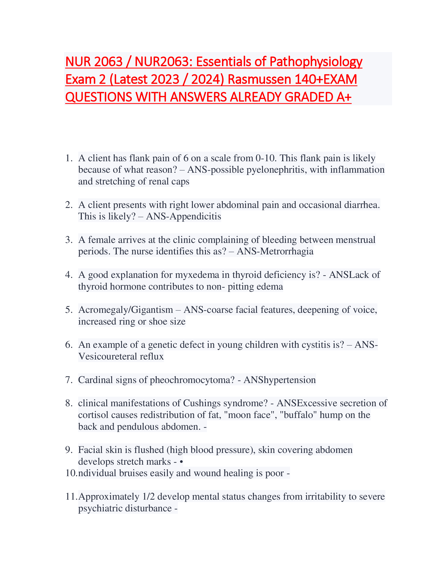 NUR 2063, NUR2063: Essentials of Pathophysiology  Exam 2 (Latest 2025/2026) Rasmussen 140+EXAM  QUESTIONS WITH ANSWERS ALREADY GRADED A+