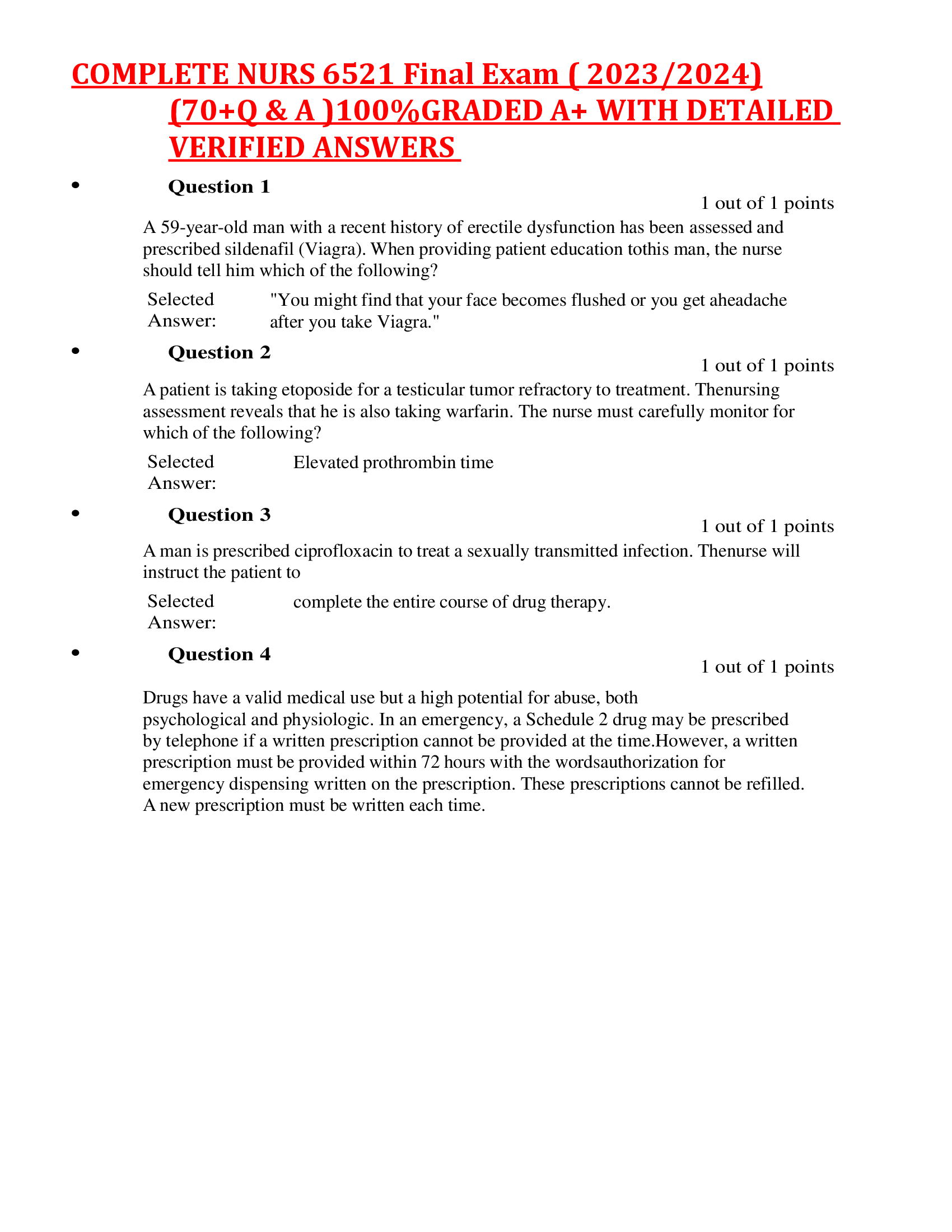 COMPLETE NURS 6521 Final Exam ( 2023, 2024) (70+Q & A )100 Percent GRADED A+ WITH DETAILED Ex VERIFIED ANSWERS