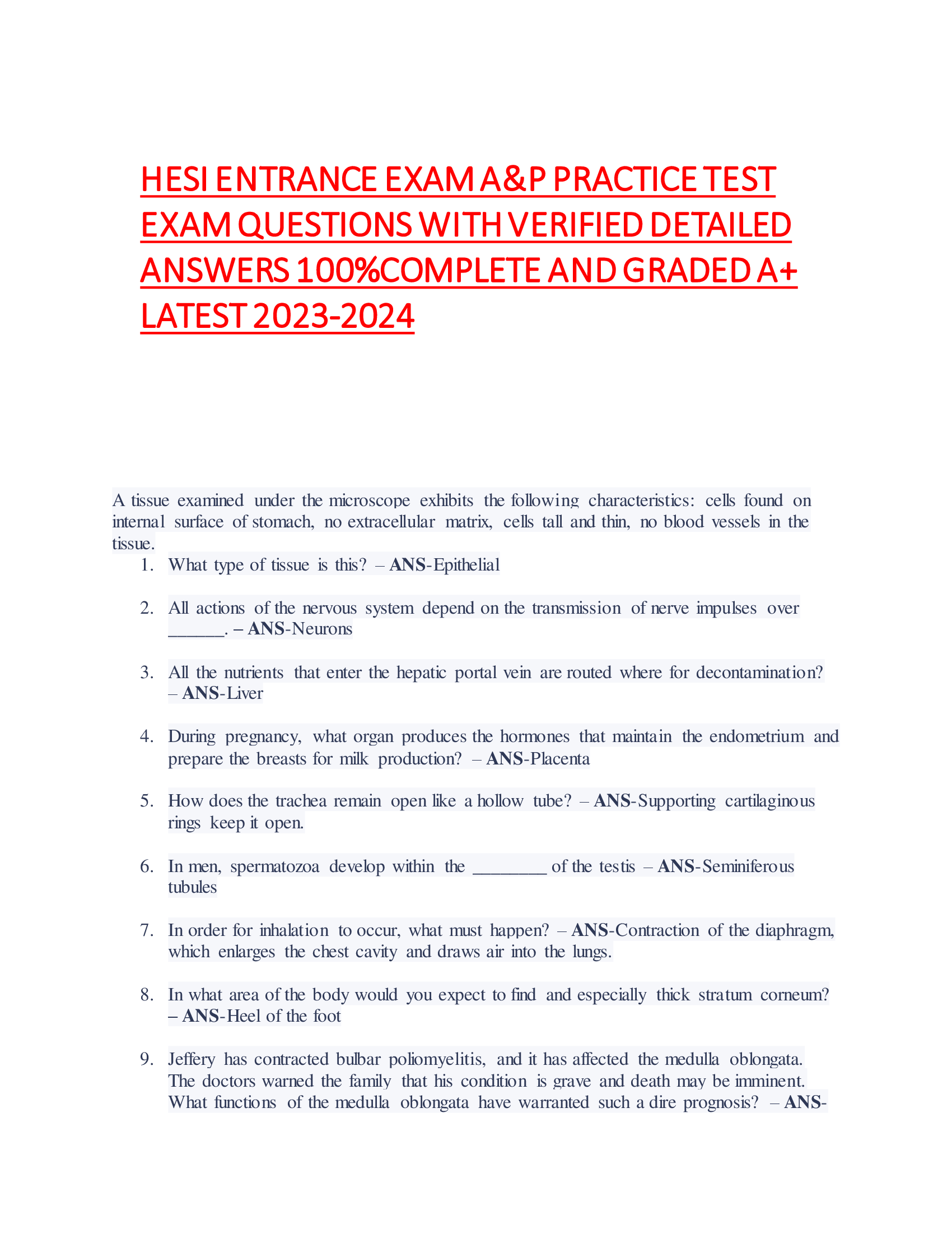 HESI ENTRANCE EXAM A&P PRACTICE TEST  EXAM QUESTIONS WITH VERIFIED DETAILED  ANSWERS 100%COMPLETE AND GRADED A+  LATEST 2023-2024