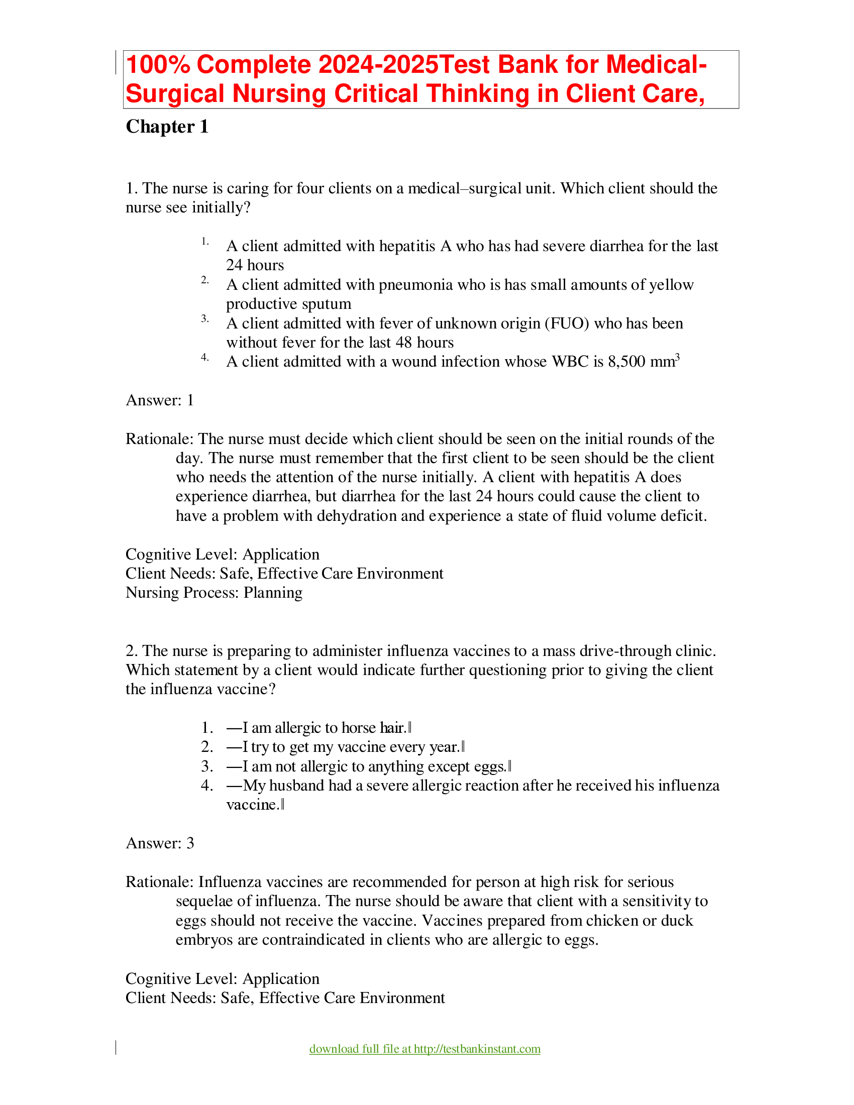 Test Bank for Medical-Surgical Nursing Critical Thinking in Client Care,