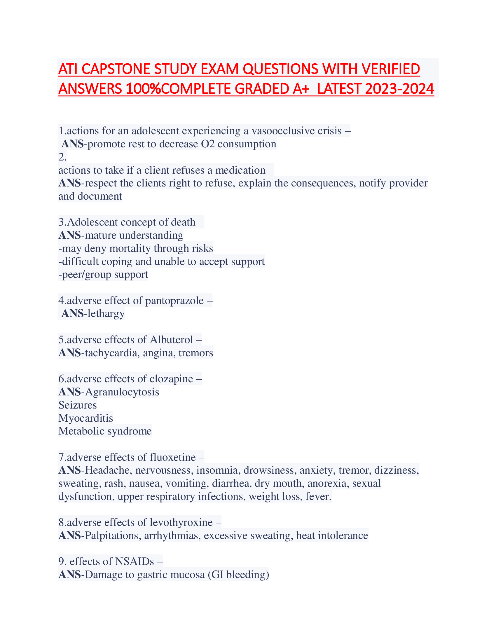 ATI CAPSTONE STUDY EXAM QUESTIONS WITH VERIFIED  ANSWERS 100%COMPLETE GRADED A+ LATEST 2023-2024