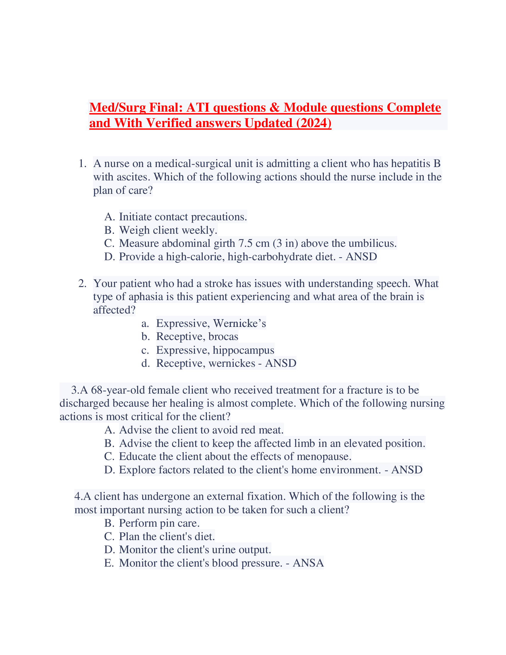 Med-Surg Final: ATI questions & Module questions Complete  and With Verified answers Updated (2024
