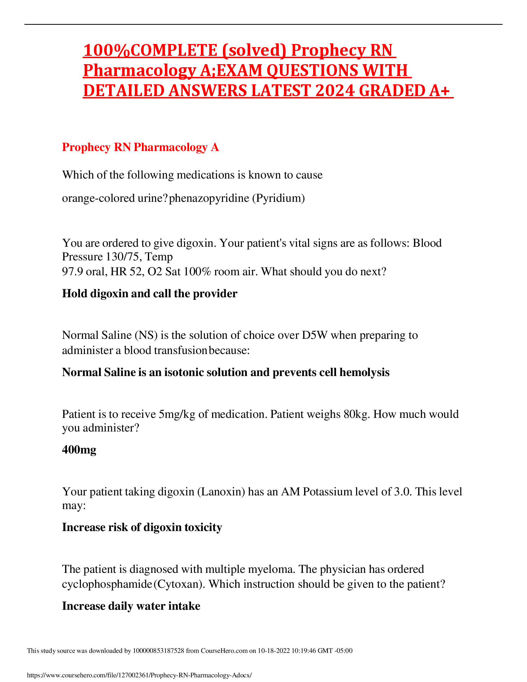 100 Percent COMPLETE (solved) Prophecy RN Pharmacology A;EXAM QUESTIONS WITH  DETAILED ANSWERS LATEST 2024 GRADED A+