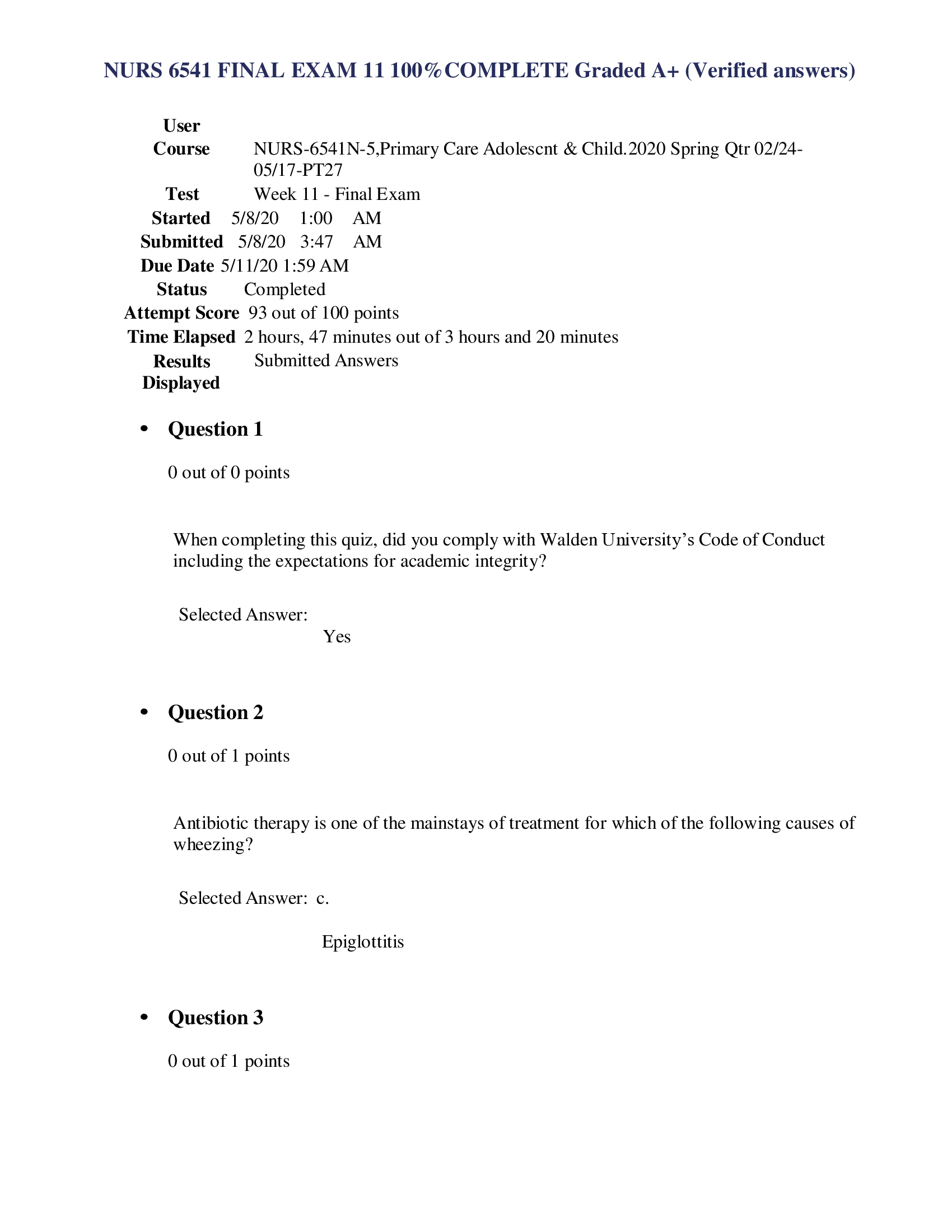 NURS 6541 FINAL EXAM 11 100 Percent COMPLETE Graded A+ (Verified answers)