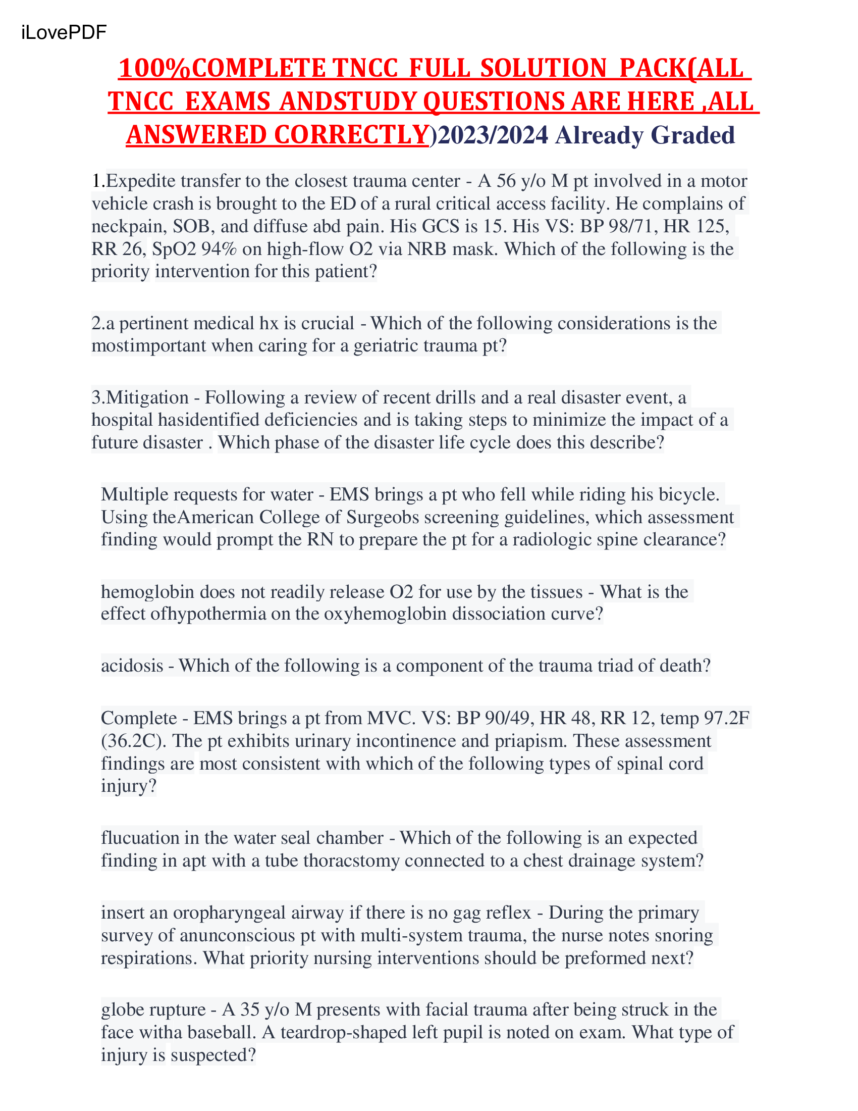 COMPLETE TNCC FULL SOLUTION PACK(ALL TNCC EXAMS AND STUDY QUESTIONS ARE HERE ,ALL ANSWERED CORRECTLY) 2023, 2024 Already Graded