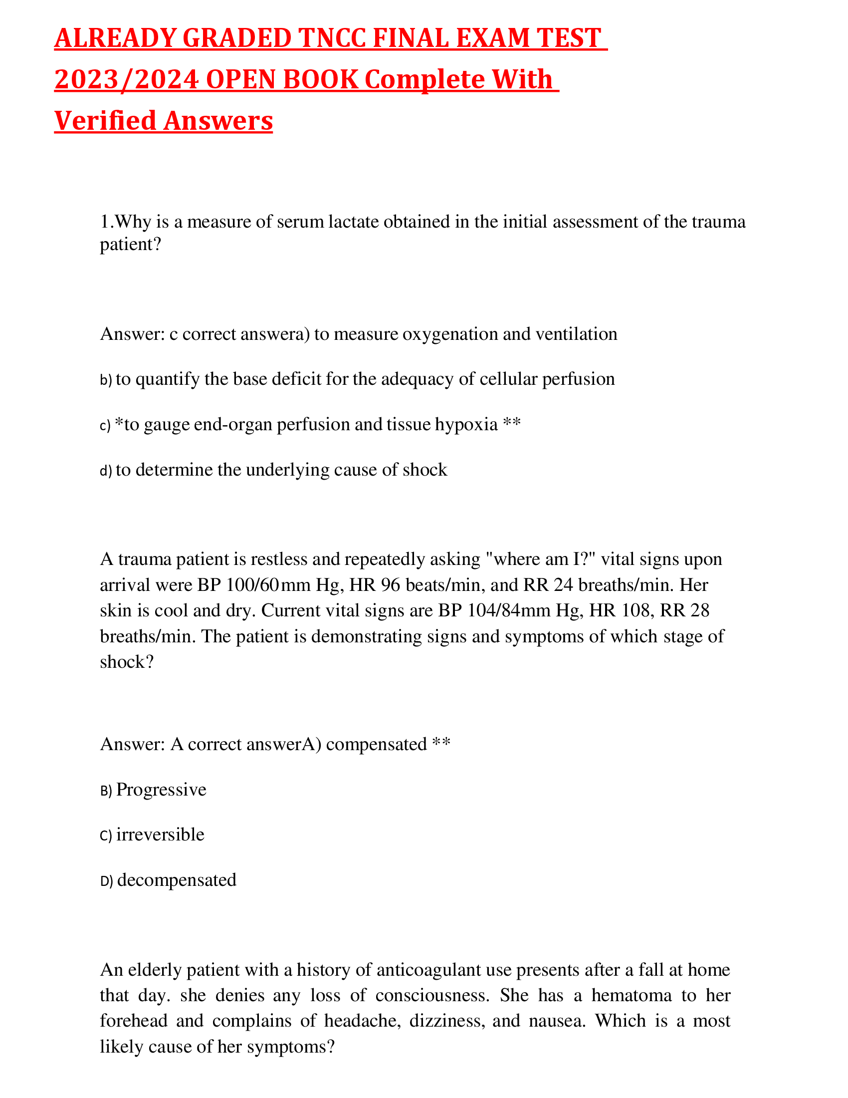 ALREADY GRADED TNCC FINAL EXAM TEST 2025/2026 OPEN BOOK Complete With Verified Answers