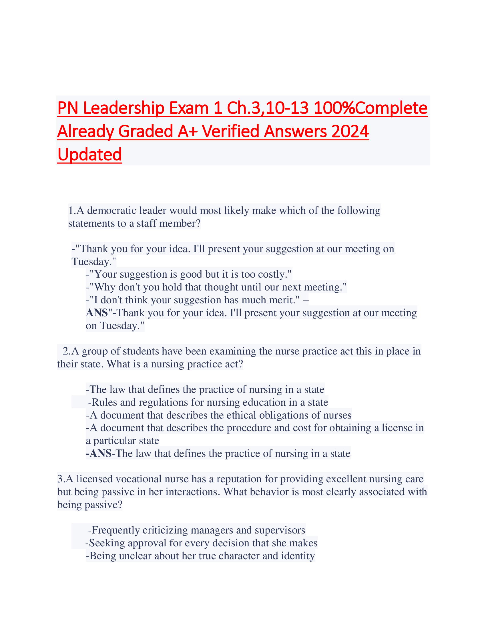 PN Leadership Exam 1 Ch.3,10-13 100 PN Leadership Exam 1 Ch.3,10-13 100 Percent Complete  Already Graded A+ Verified Answers 2024  Updated
