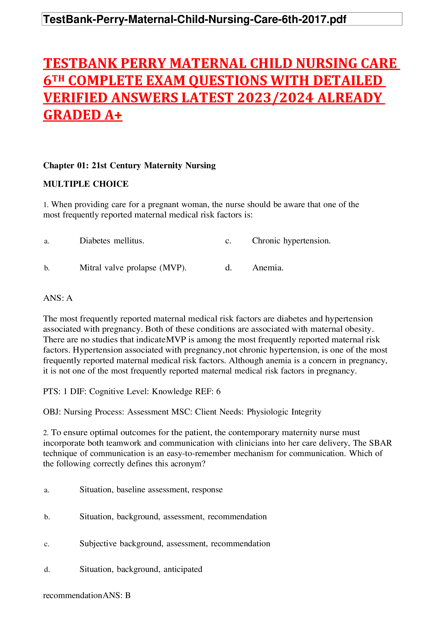 TESTBANK PERRY MATERNAL CHILD NURSING CARE  6TH COMPLETE EXAM QUESTIONS WITH DETAILED  VERIFIED ANSWERS LATEST 2023/2024 ALREADY  GRADED A+