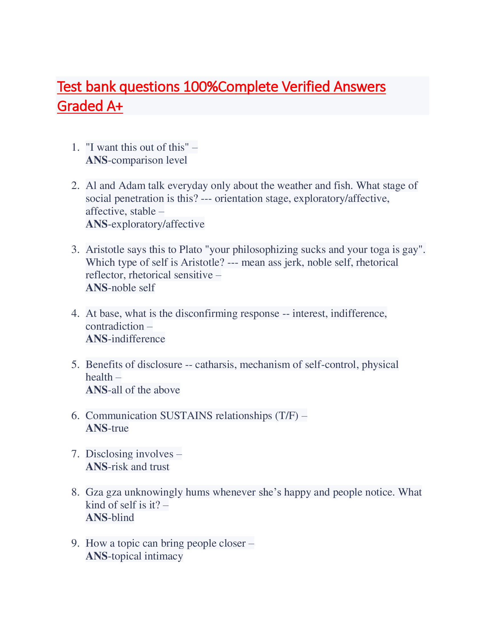 Test bank questions 100 Percent Complete Verified Answers  Graded A+