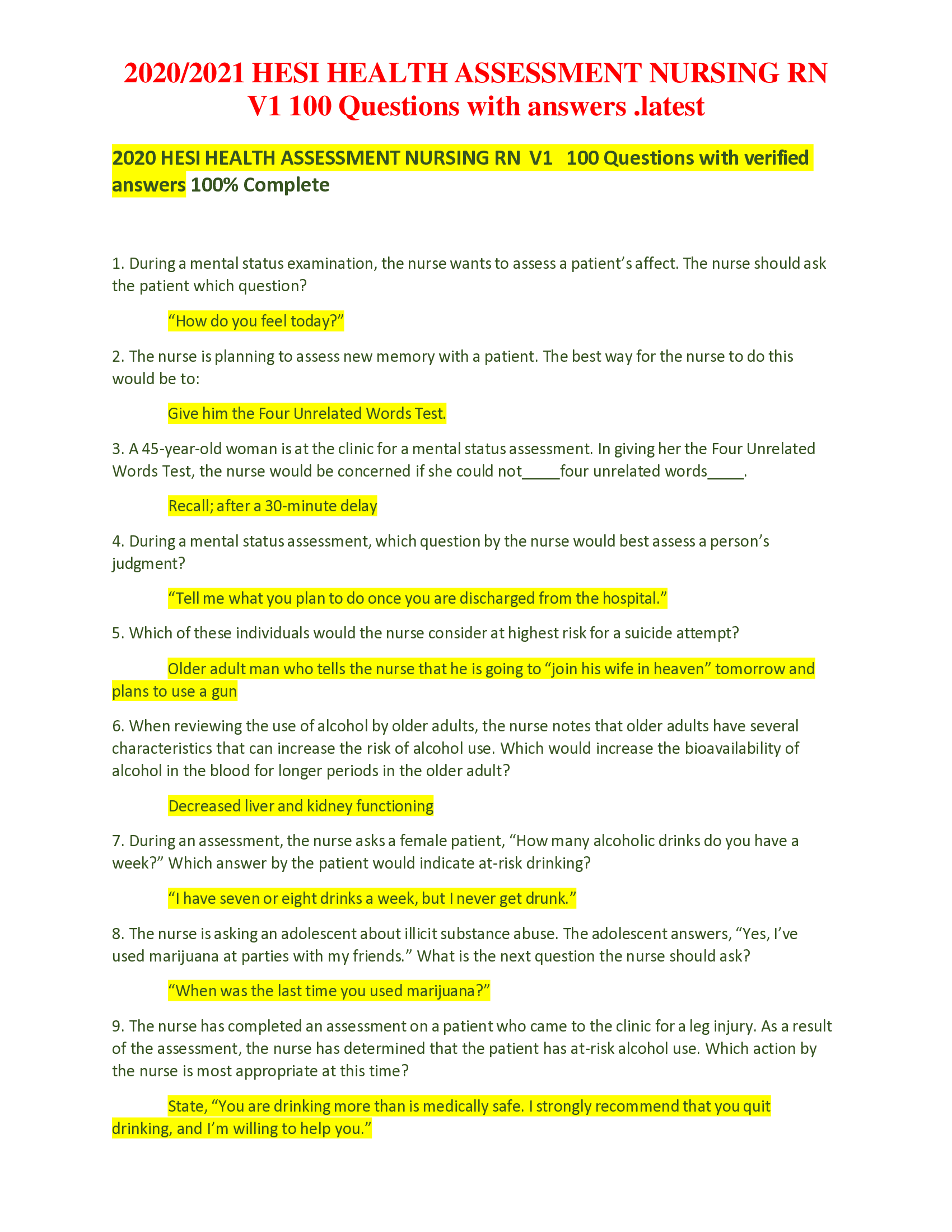 HESI HEALTH ASSESSMENT NURSING RN V1 100 Questions with answers latest