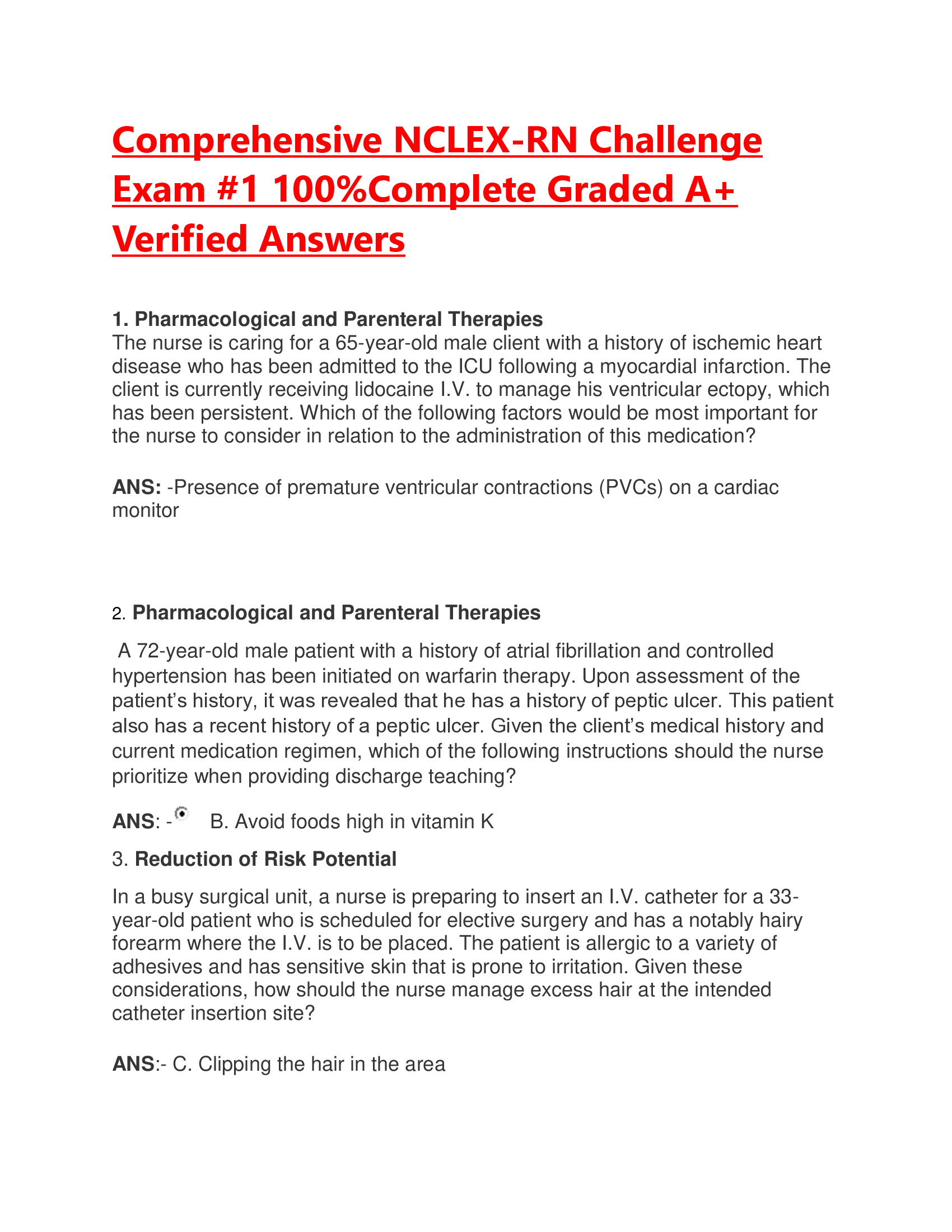 Comprehensive NCLEX-RN Challenge  Exam 1 100 Percent Complete Graded A+  Verified Answers