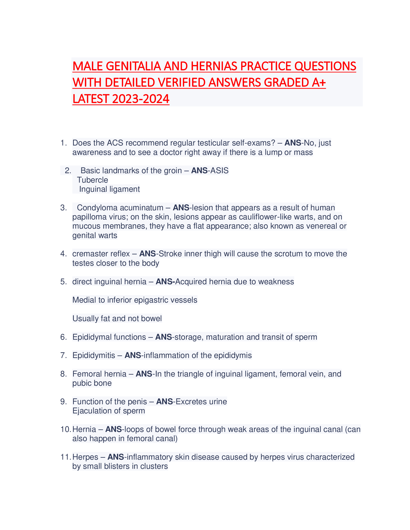 MALE GENITALIA AND HERNIAS PRACTICE QUESTIONS  WITH DETAILED VERIFIED ANSWERS GRADED A+  LATEST 2023-2024