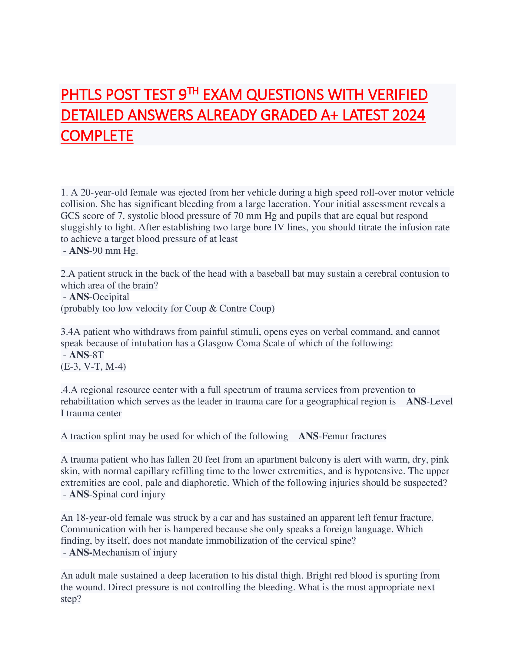 PHTLS POST TEST 9TH  EXAM QUESTIONS WITH VERIFIED DETAILED ANSWERS ALREADY GRADED A+ LATEST 2026  COMPLETE