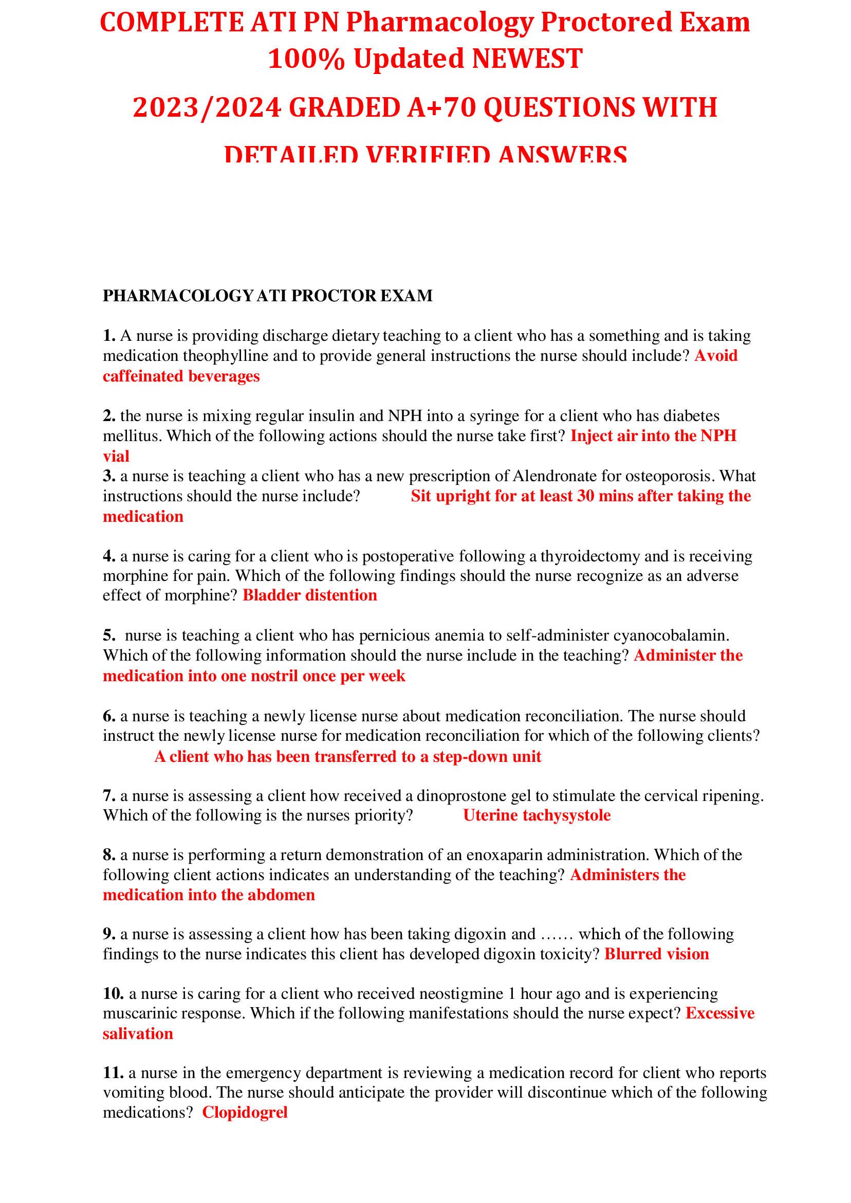 COMPLETE ATI PN Pharmacology Proctored Exam 100% Updated NEWEST 2023/2024 GRADED A+70 QUESTIONS WITH  DETAILED VERIFIED ANSWERS