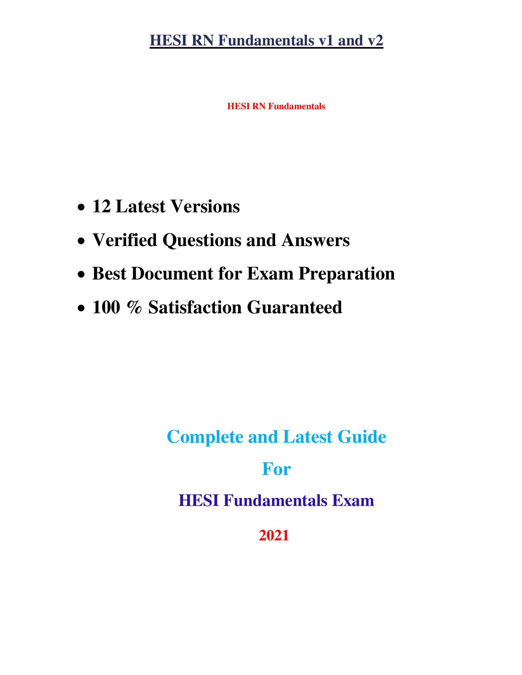 HESI RN Fundamentals v1 and v2 100 Percent Complete Graded A+