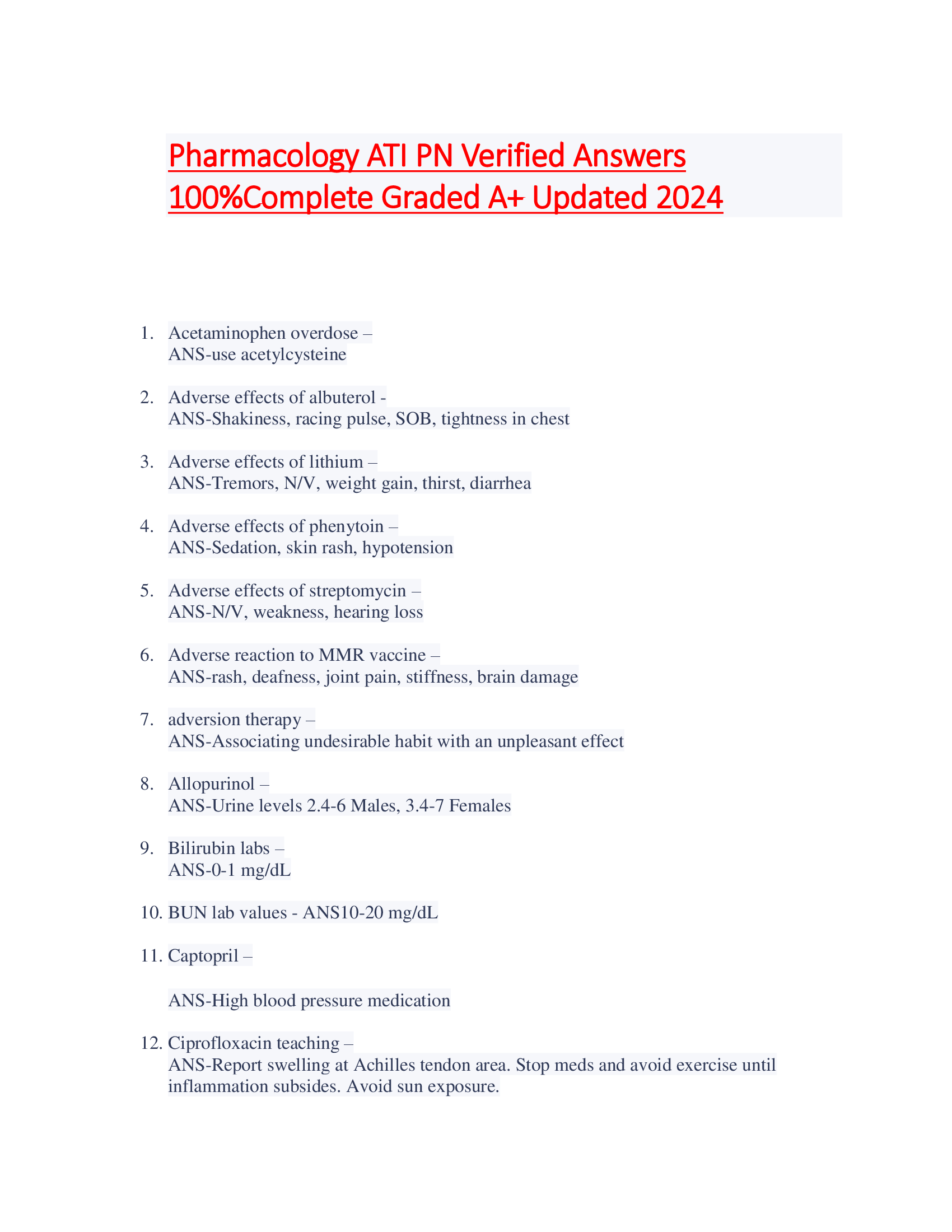 Pharmacology ATI PN Verified Answers  100 percent Complete Graded A+ Updated 2024