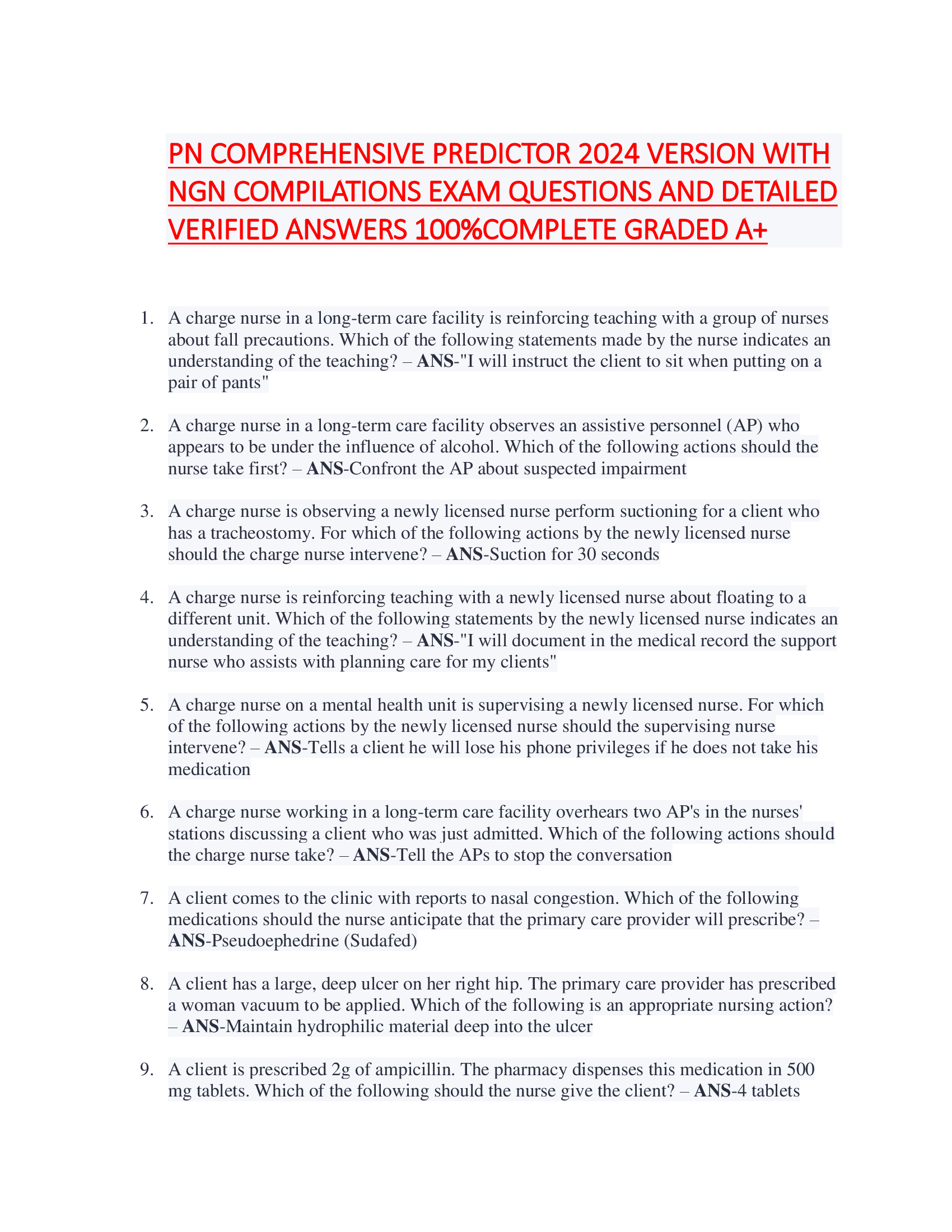 PN COMPREHENSIVE PREDICTOR 2026 VERSION WITH  NGN COMPILATIONS EXAM QUESTIONS AND DETAILED  VERIFIED ANSWERS 100% COMPLETE GRADED A+