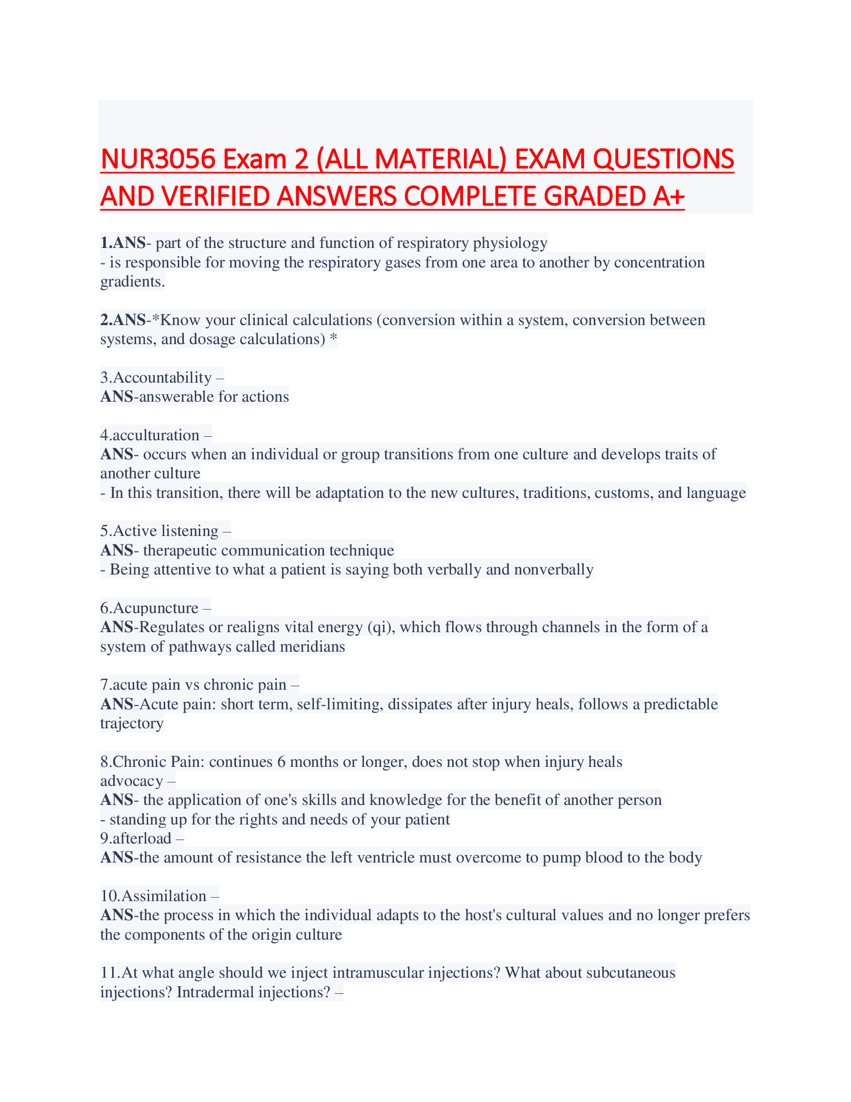 NUR3056 Exam 2 (ALL MATERIAL) EXAM QUESTIONS  AND VERIFIED ANSWERS COMPLETE GRADED A+