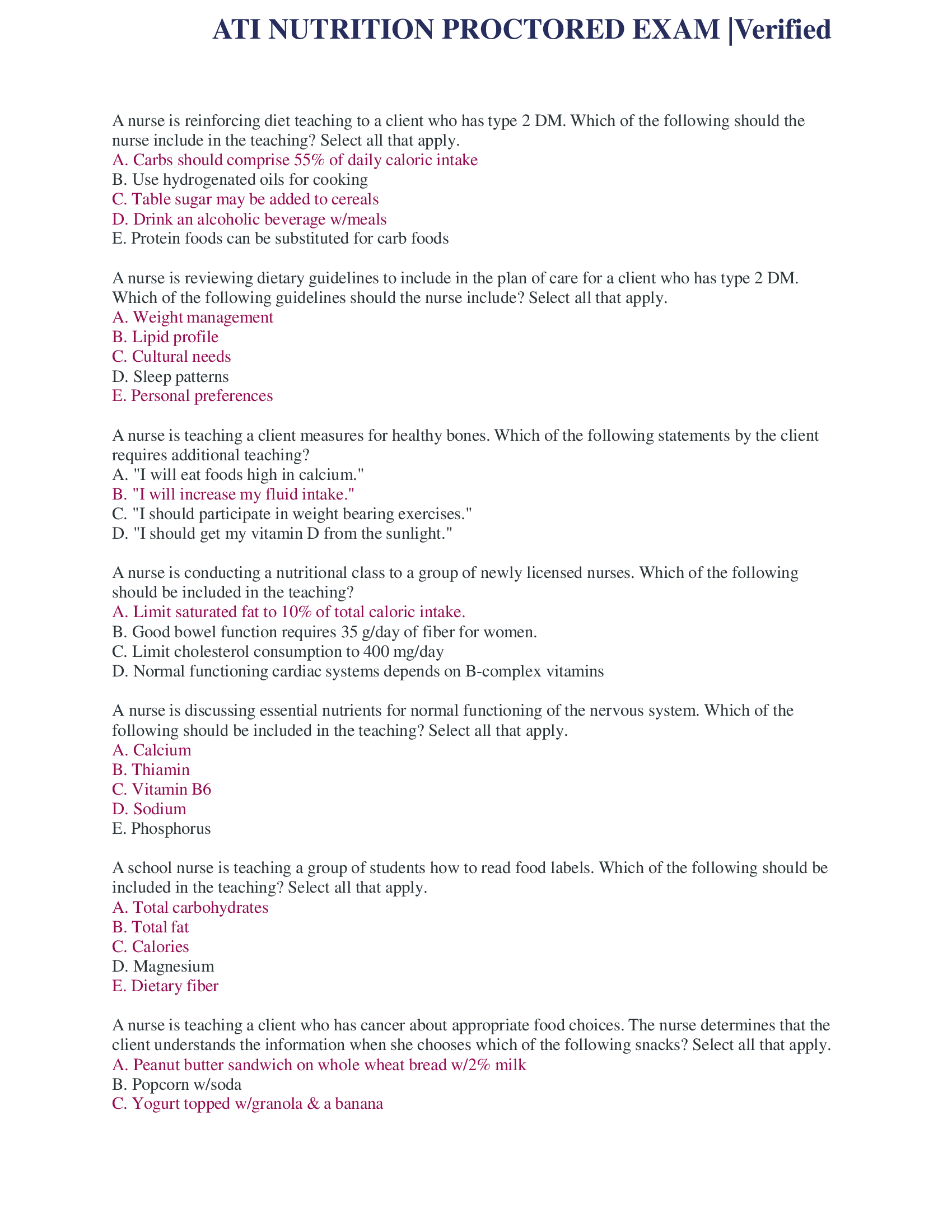 ATI NUTRITION PROCTORED EXAM |Verified