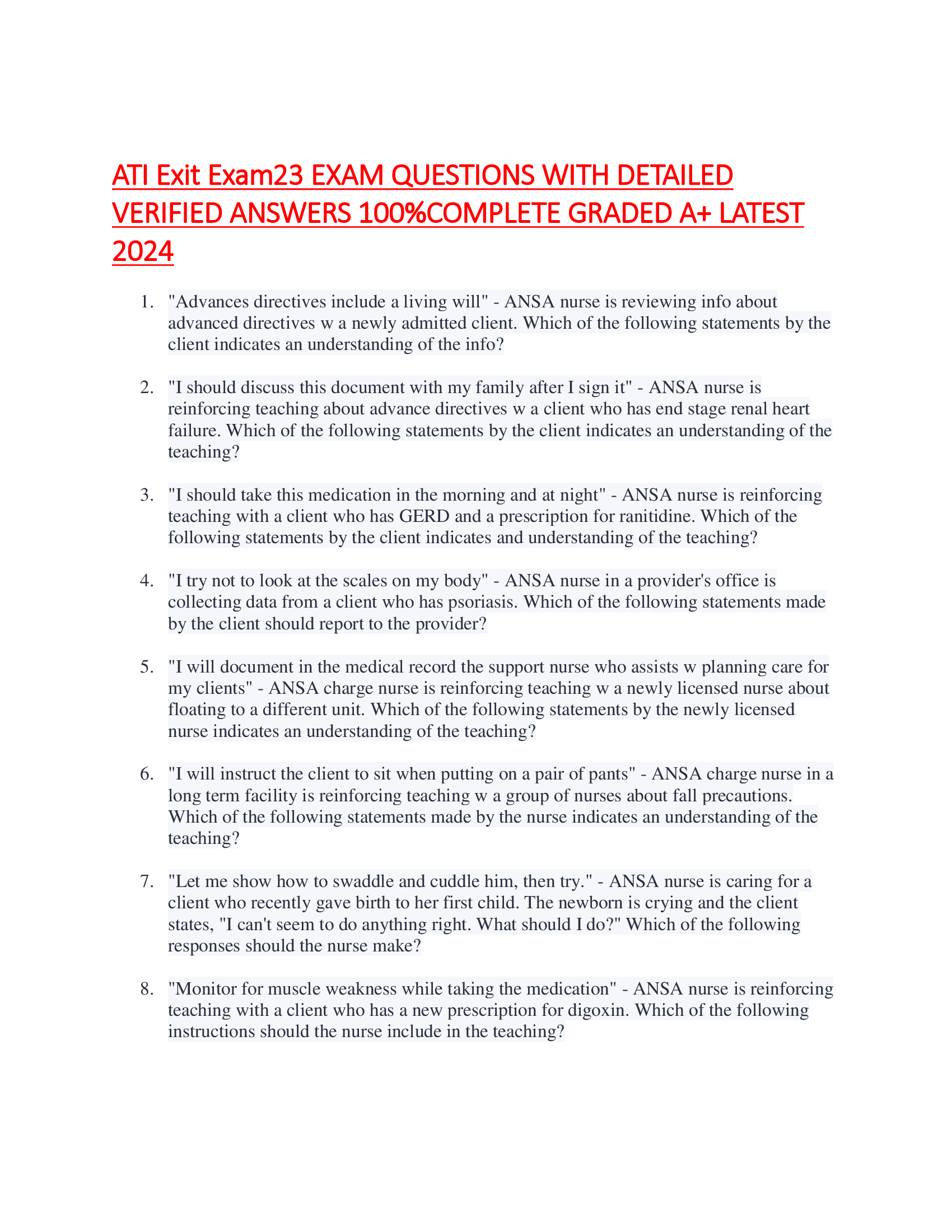 ATI Exit Exam EXAM QUESTIONS WITH DETAILED VERIFIED ANSWERS 100%COMPLETE GRADED A+ LATEST  2026
