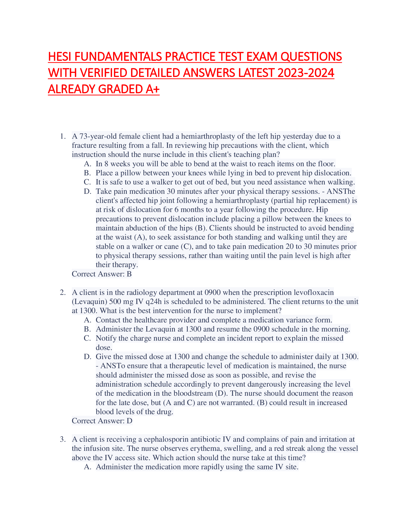 HESI FUNDAMENTALS PRACTICE TEST EXAM QUESTIONS  WITH VERIFIED DETAILED ANSWERS LATEST 2023-2024  ALREADY GRADED A+