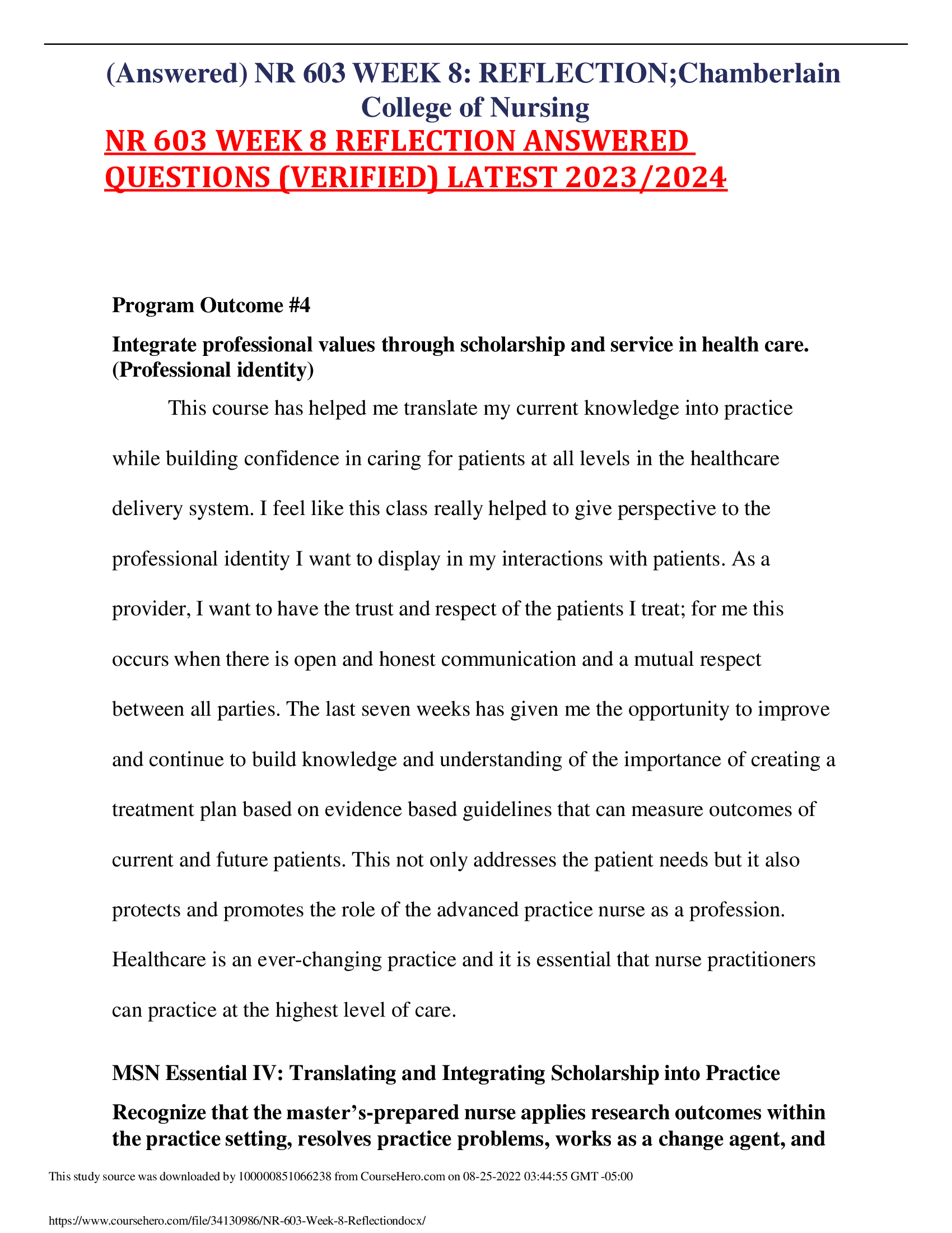 NR 603 WEEK 8 REFLECTION ANSWERED  QUESTIONS (VERIFIED) LATEST 2023/2024