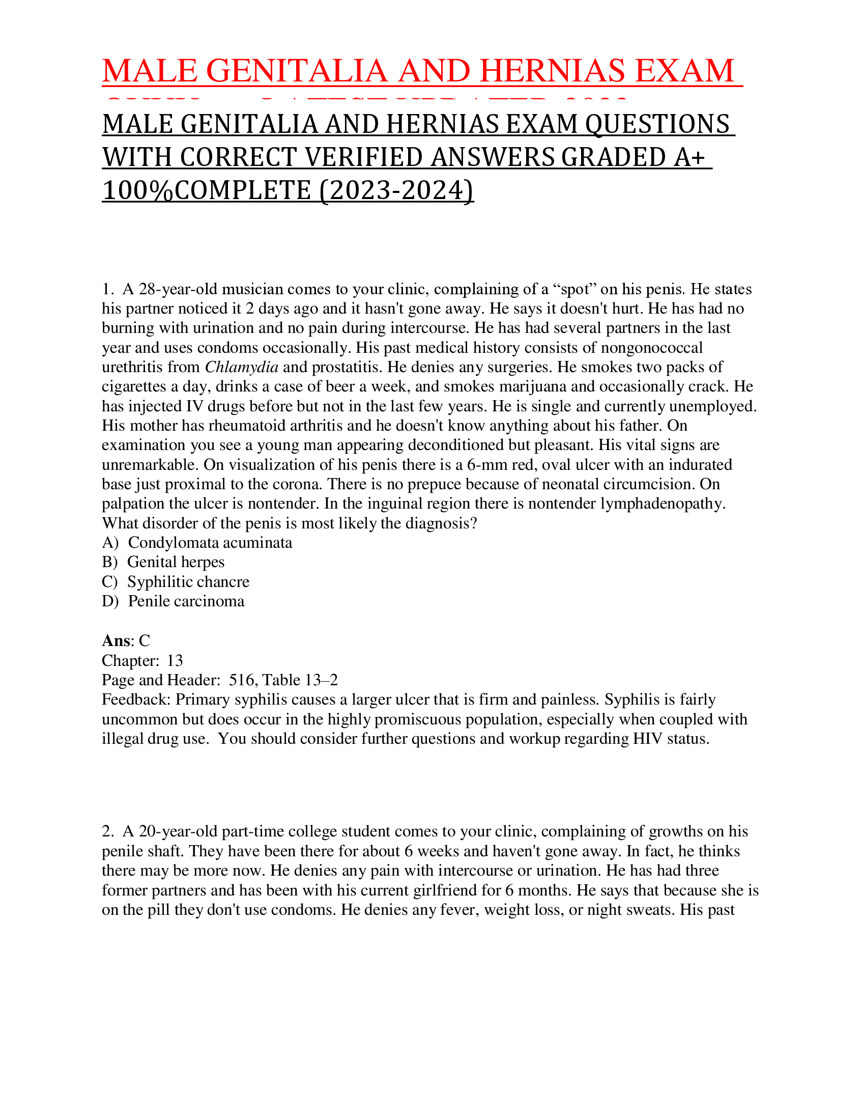 QUUU eeeLATEST UPDATED 2022 MALE GENITALIA AND HERNIAS EXAM QUESTIONS  WITH CORRECT VERIFIED ANSWERS GRADED A+  100%COMPLETE (2023-2024)