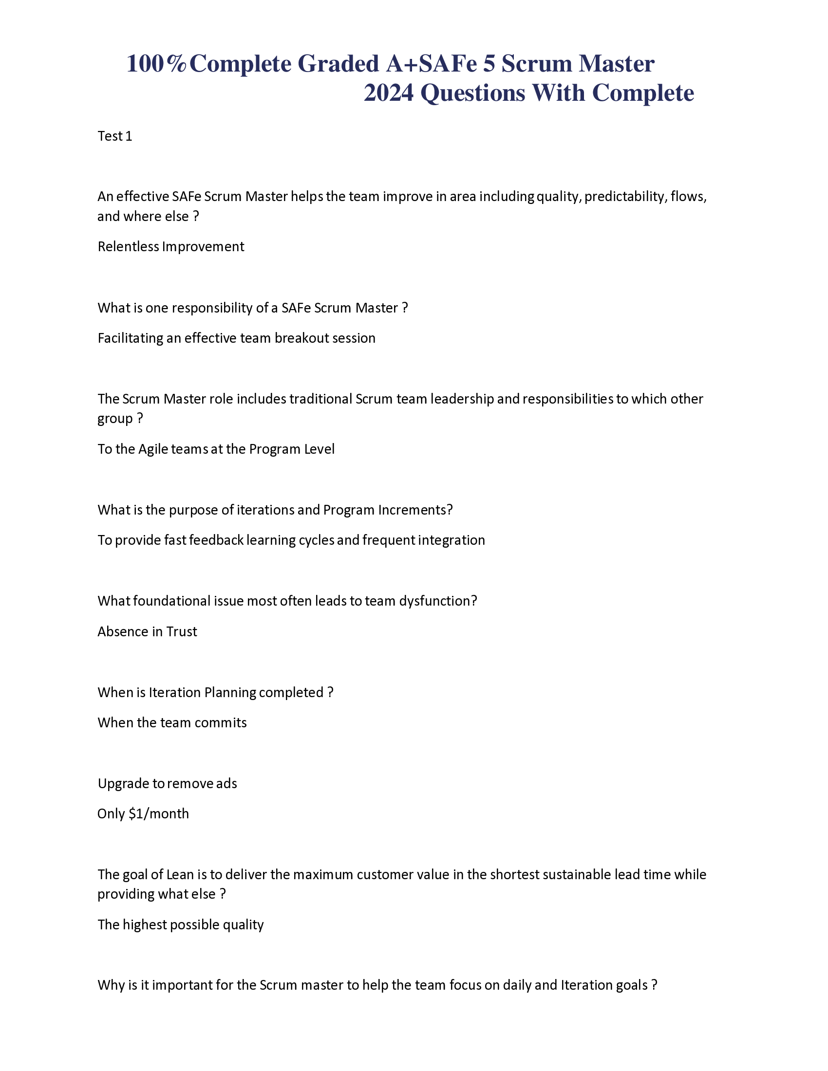 100 Percent Complete Graded A+SAFe 5 Scrum Master 2026 Questions With Complete