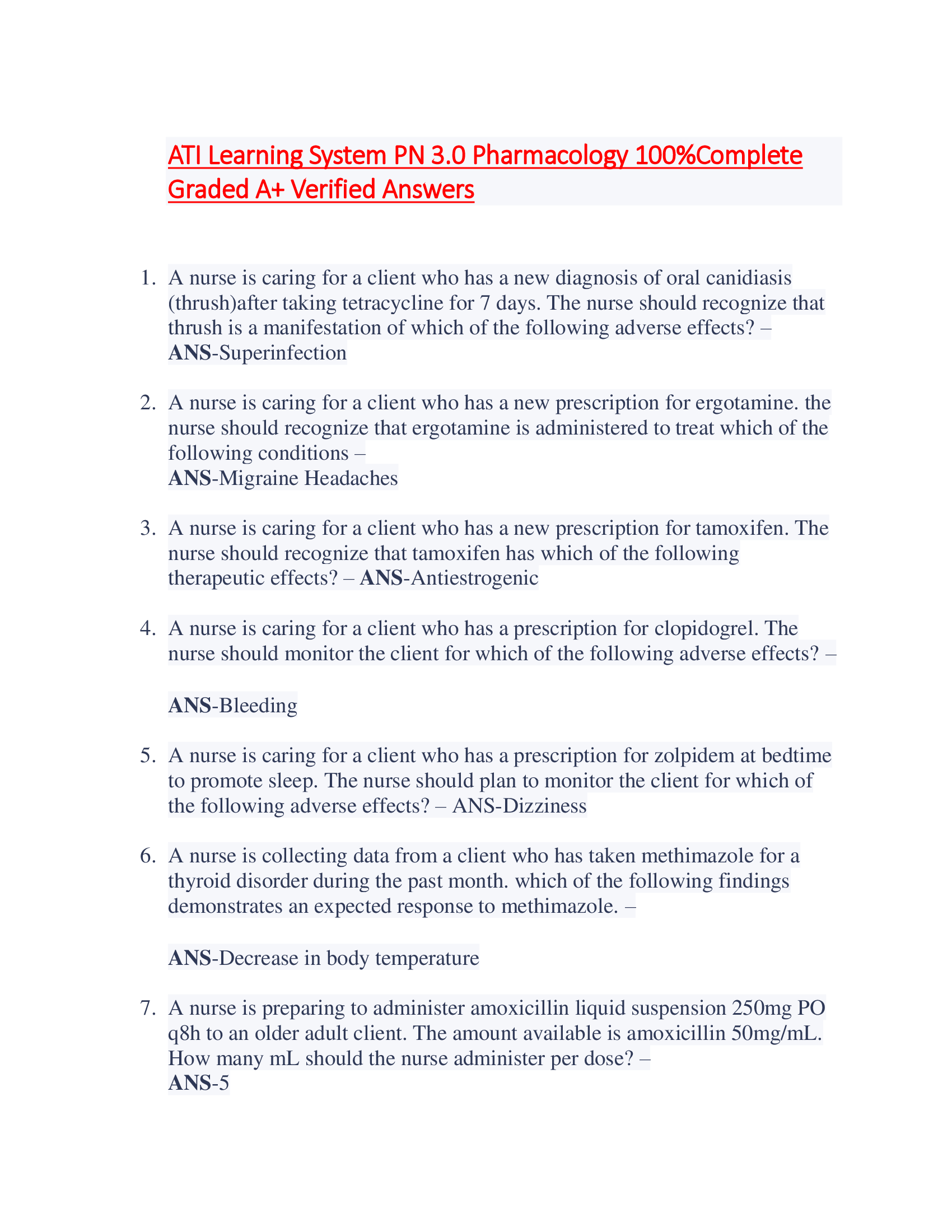 ATI Learning System PN 3.0 Pharmacology 100 Percent Complete  Graded A+ Verified Answers