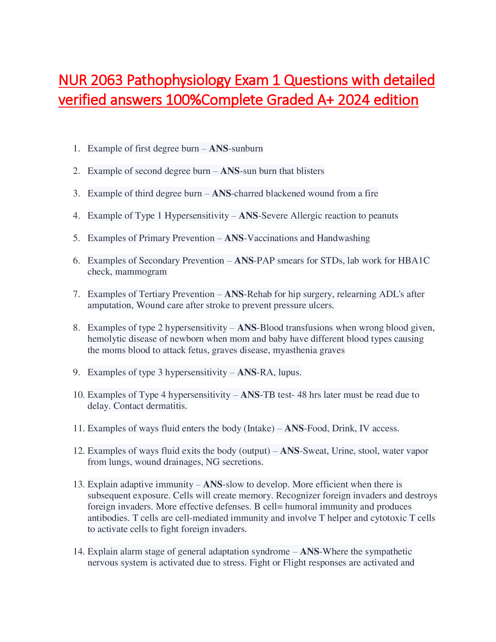 NUR 2063 Pathophysiology Exam 1 Questions with detailed  verified answers 100%Complete Graded A+ 2024 edition