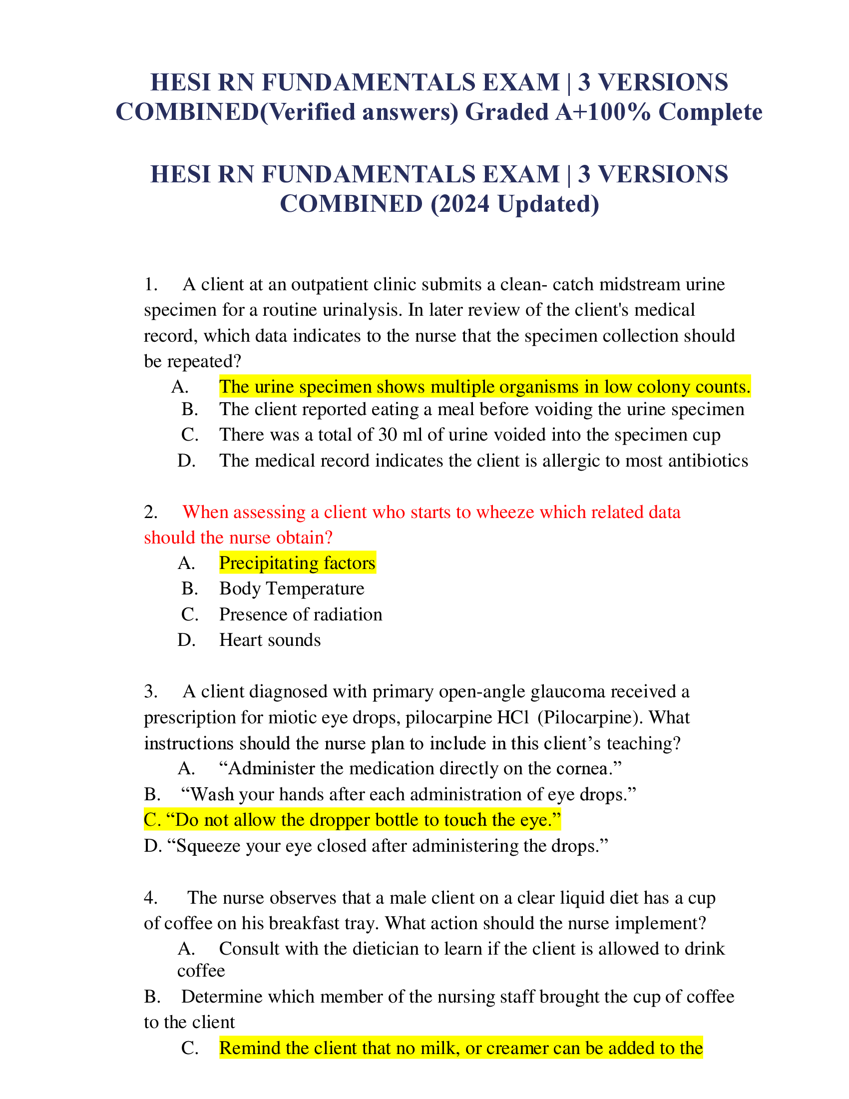 HESI RN FUNDAMENTALS EXAM | 3 VERSIONS COMBINED(Verified answers) Graded A+100% Complete HESI RN FUNDAMENTALS EXAM | 3 VERSIONS COMBINED (2024 Updated)