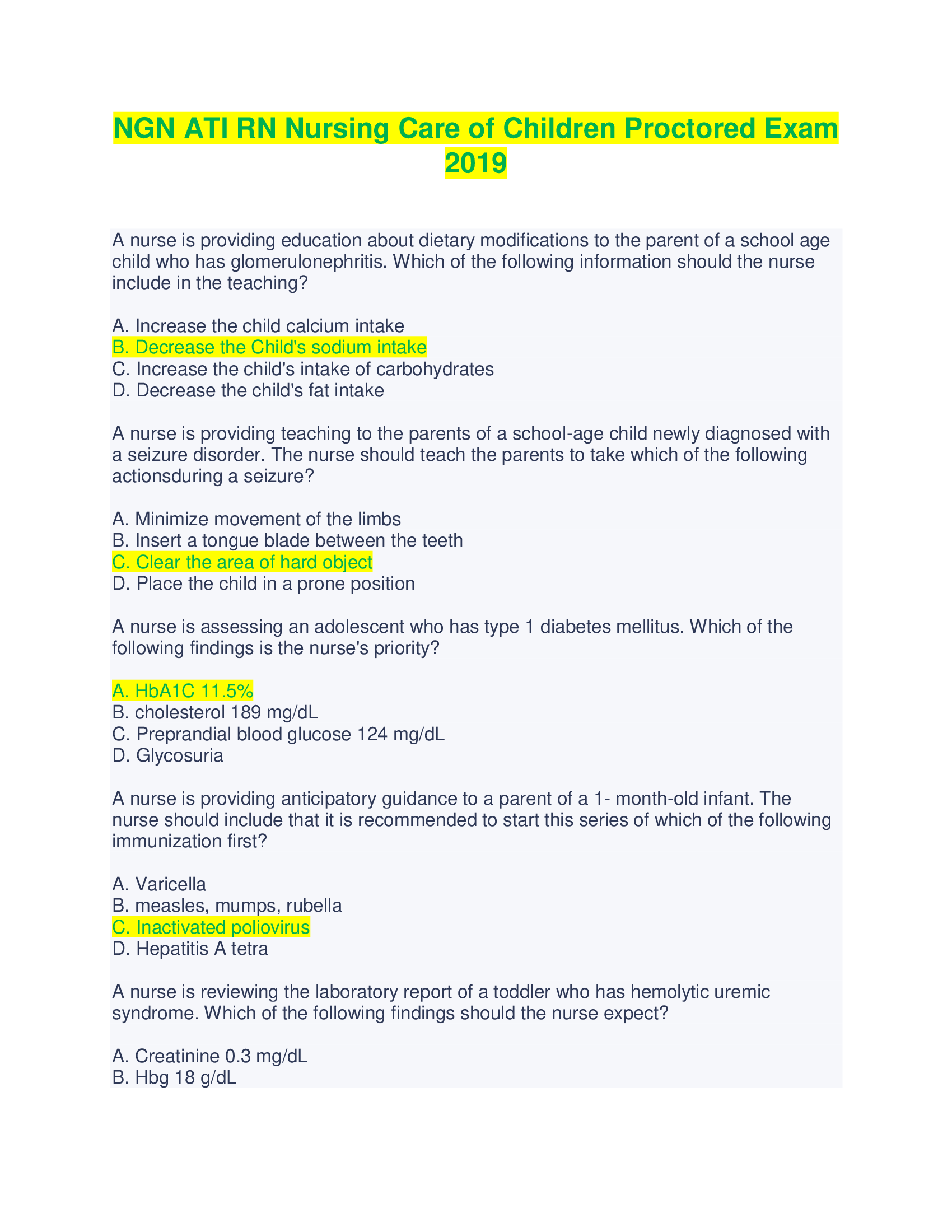 NGN ATI RN Nursing Care of Children Proctored Exam 2019