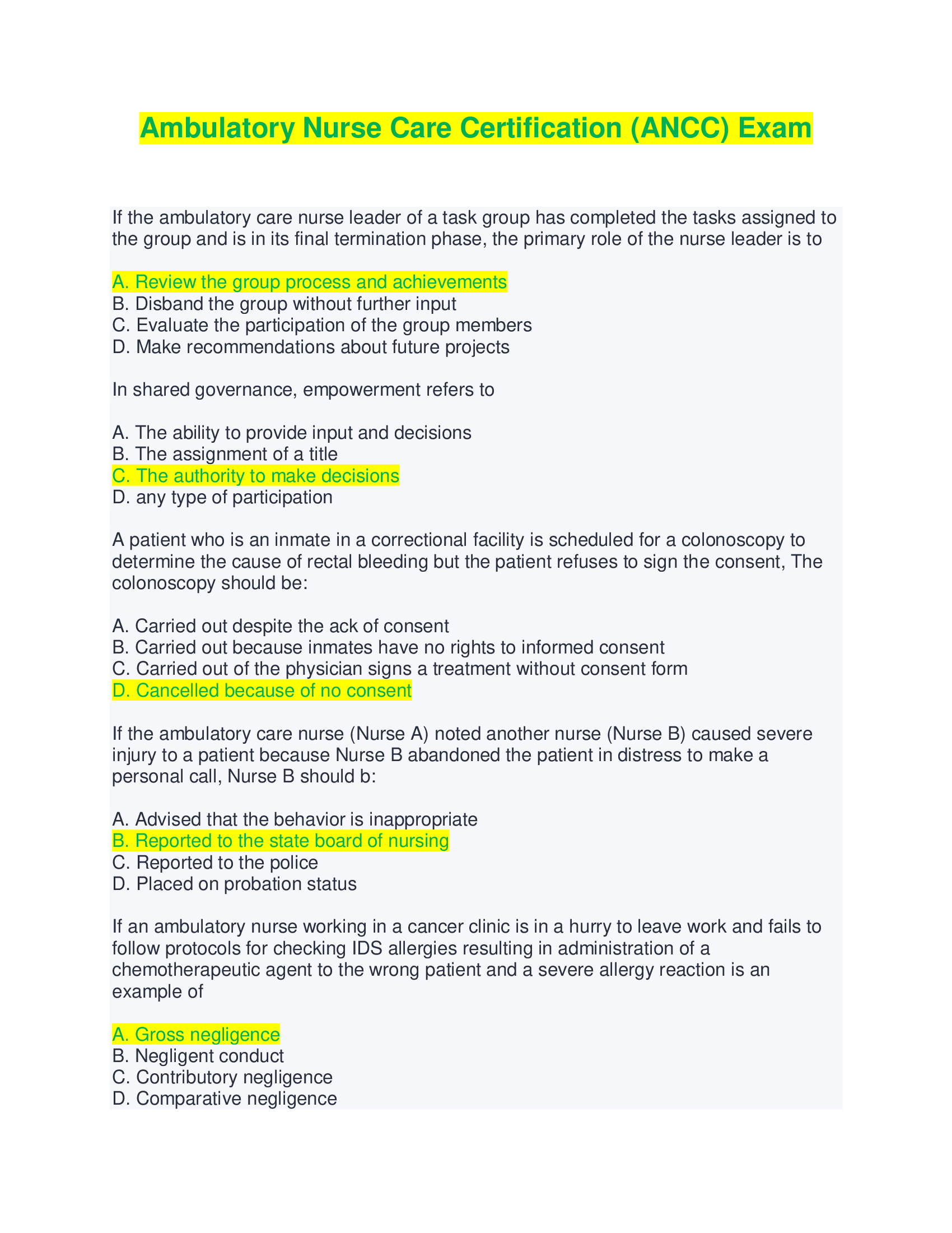 Ambulatory Nurse Care Certification (ANCC) Exam