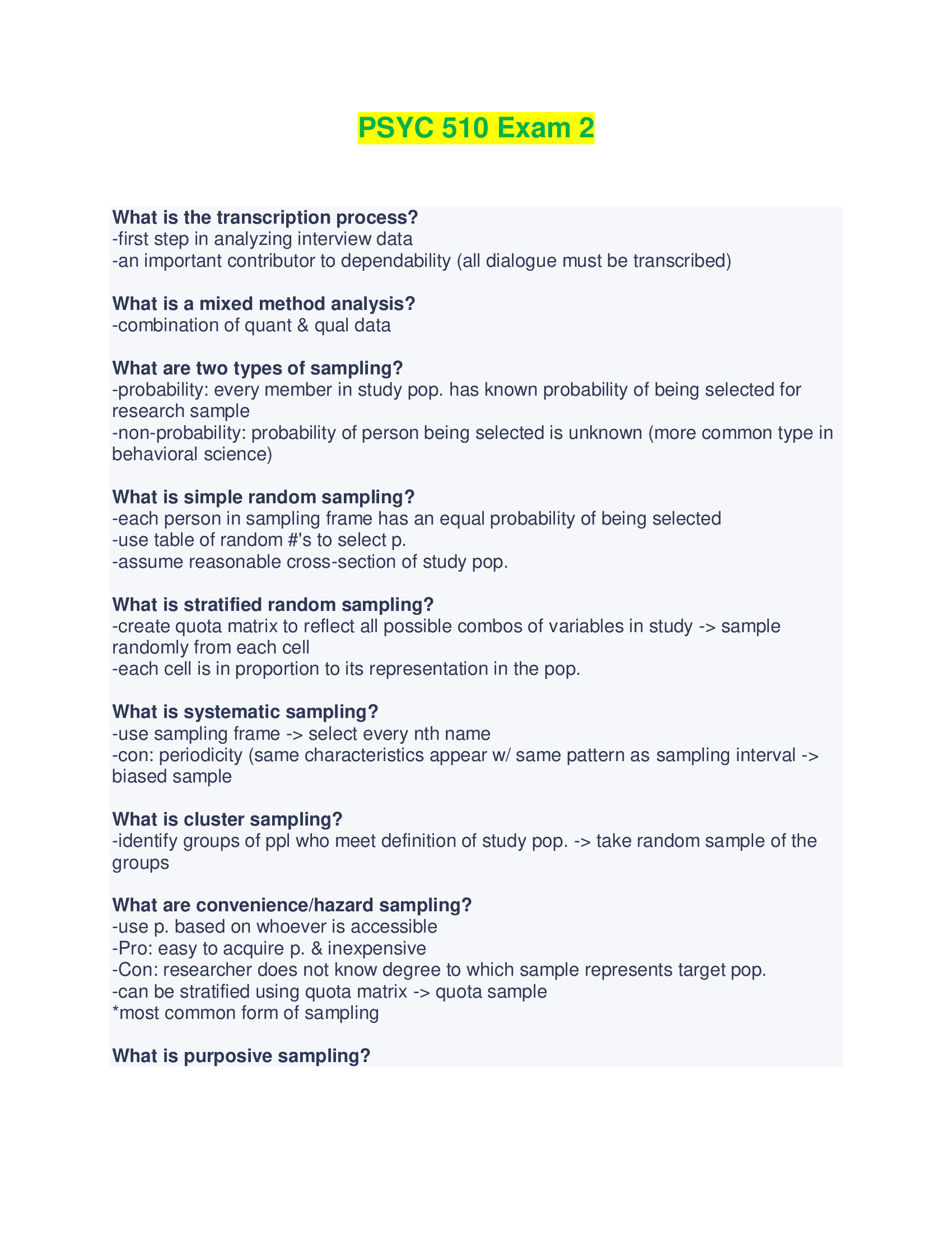 PSYC 510 Exam 2 - Questions and Answers