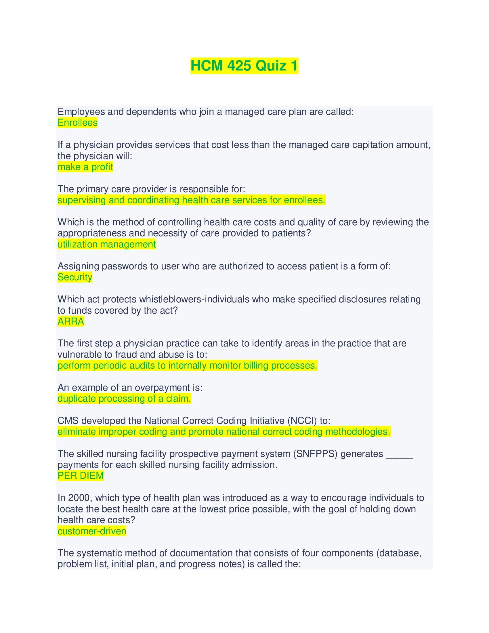 HCM 425 QUIZ 1 - Questions and Answers