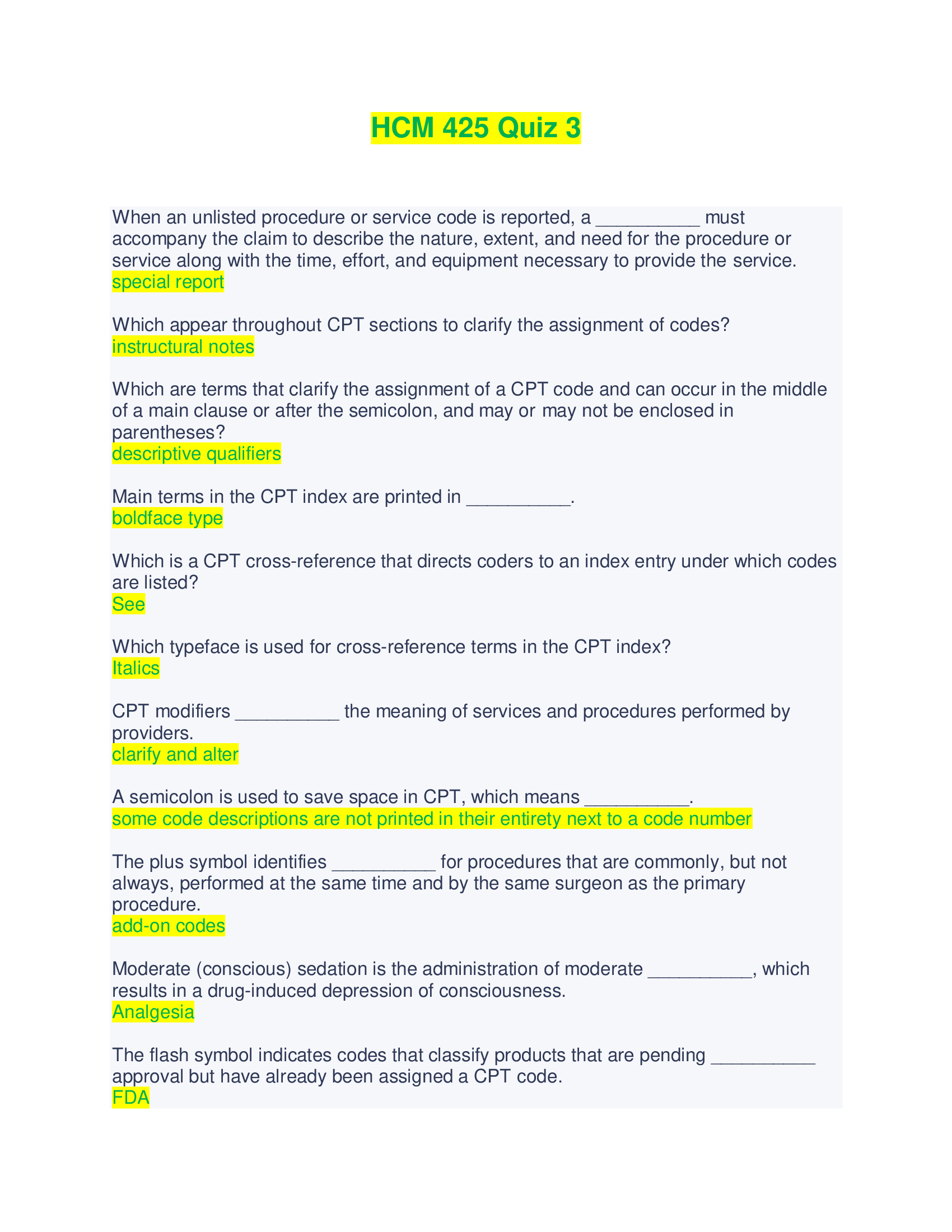 HCM 425 Quiz 3 - Questions and Answers