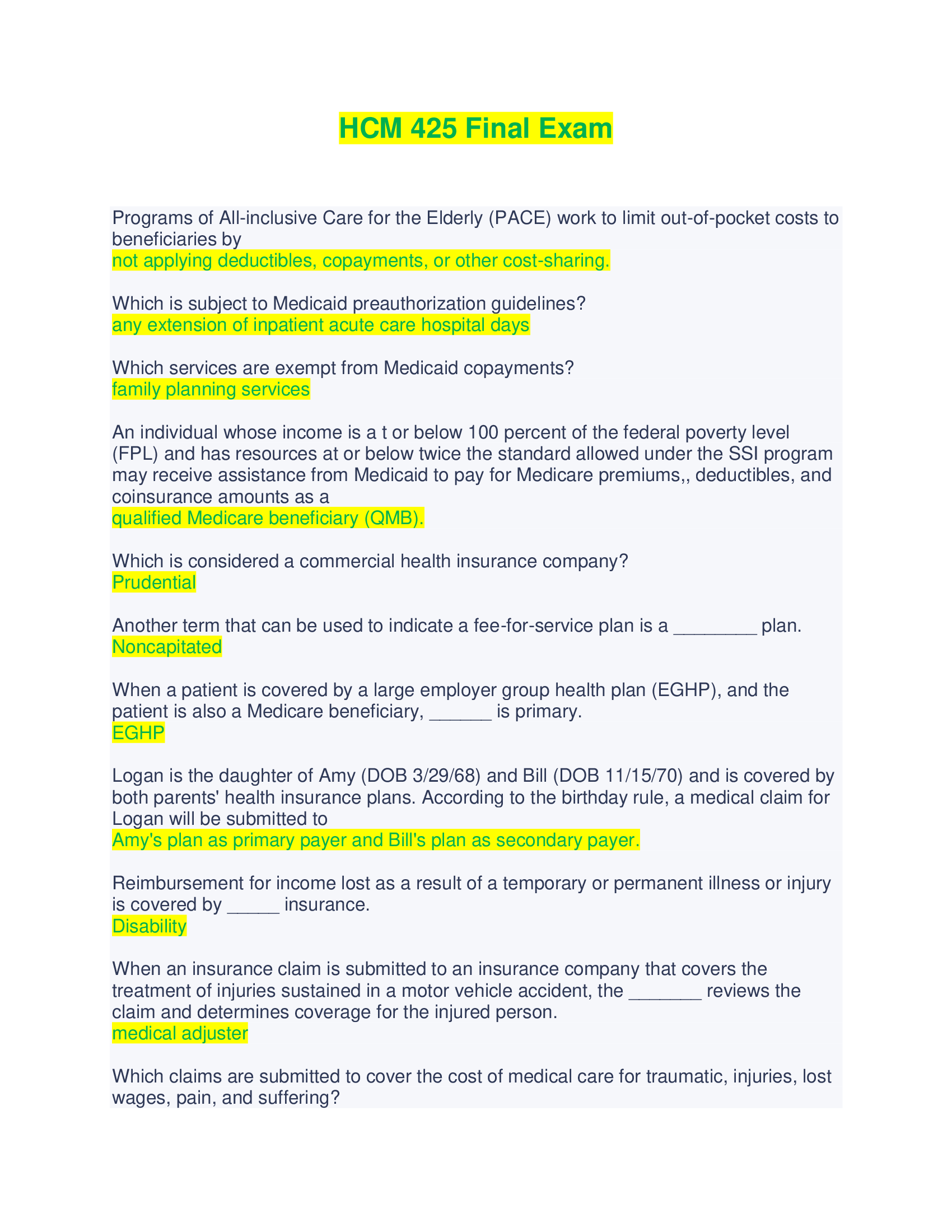 HCM 425 Final Exam - Questions and Answers